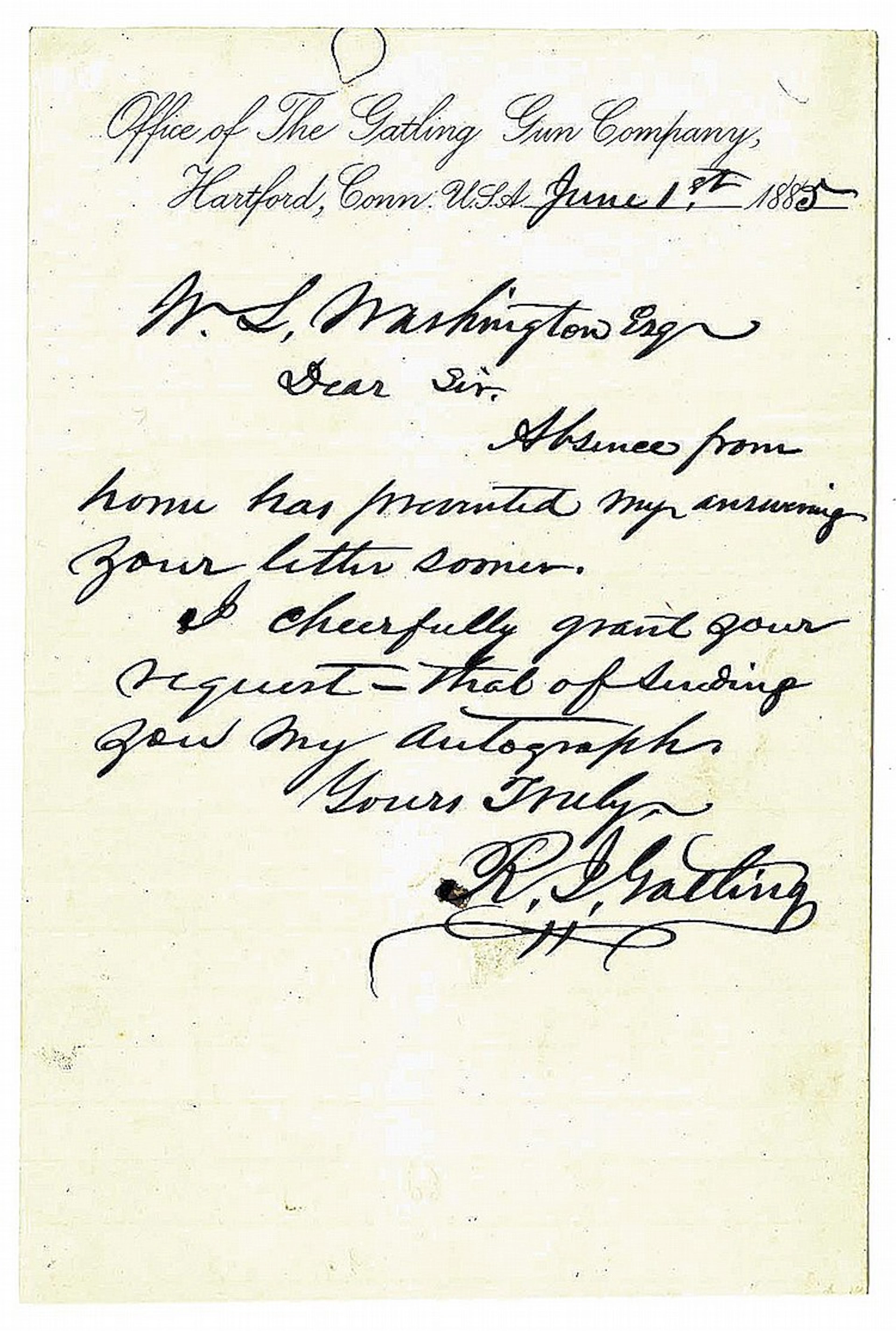 Signed Correspondence from Richard Jordan Gatling