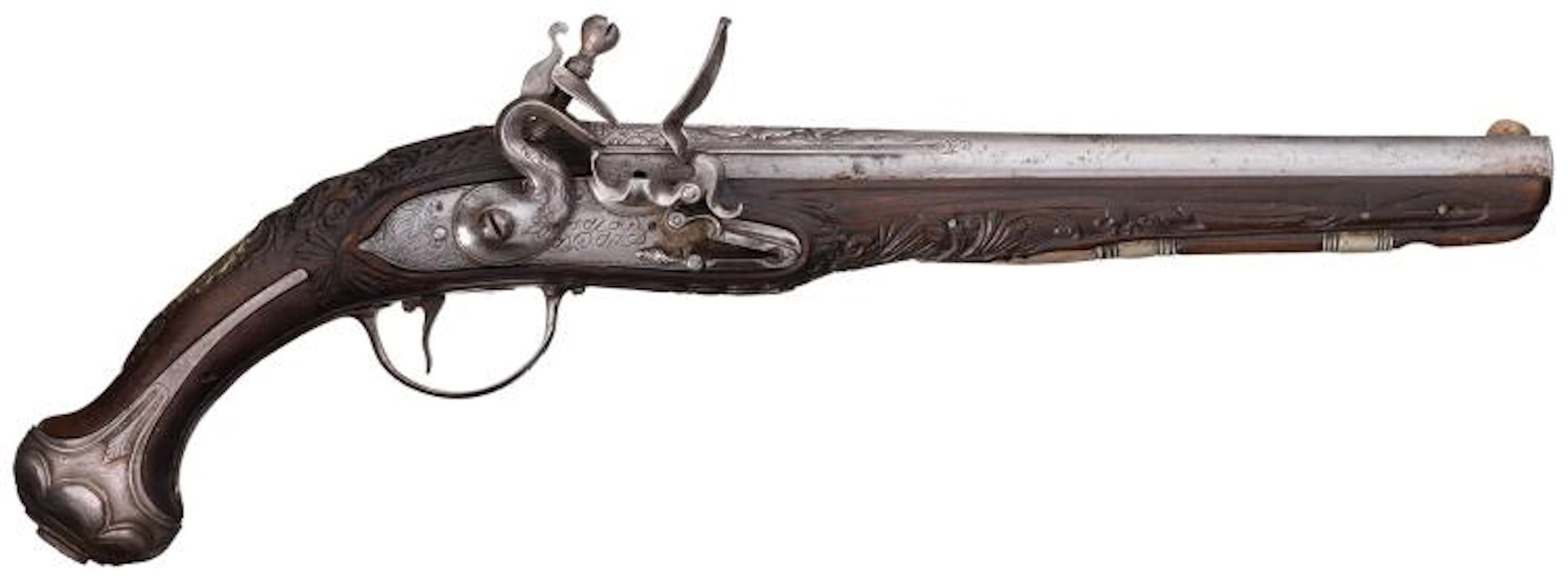 Silver Mounted and Relief Carved Flintlock Pistol