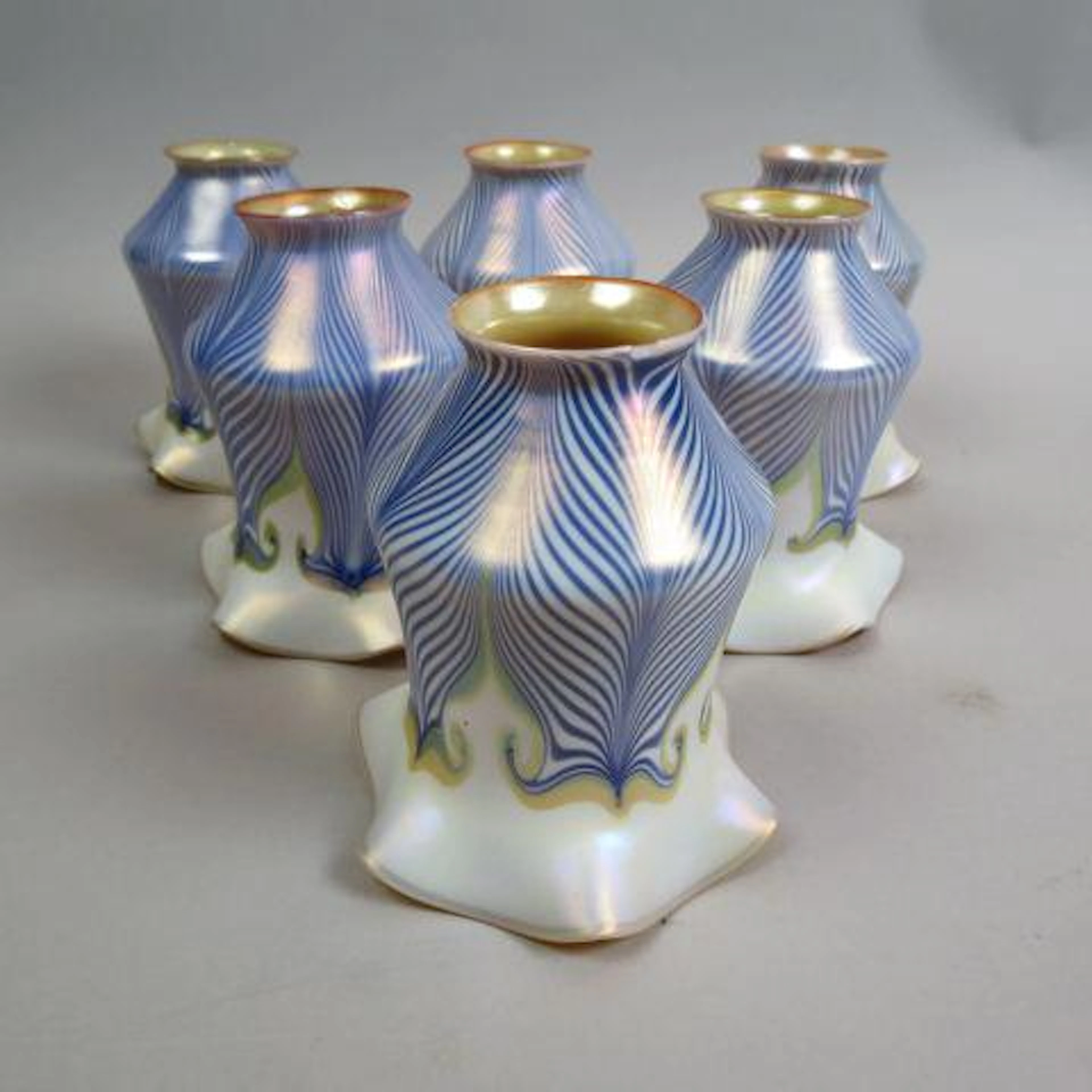 6 Quezal Lustre Art Shades with blue & white