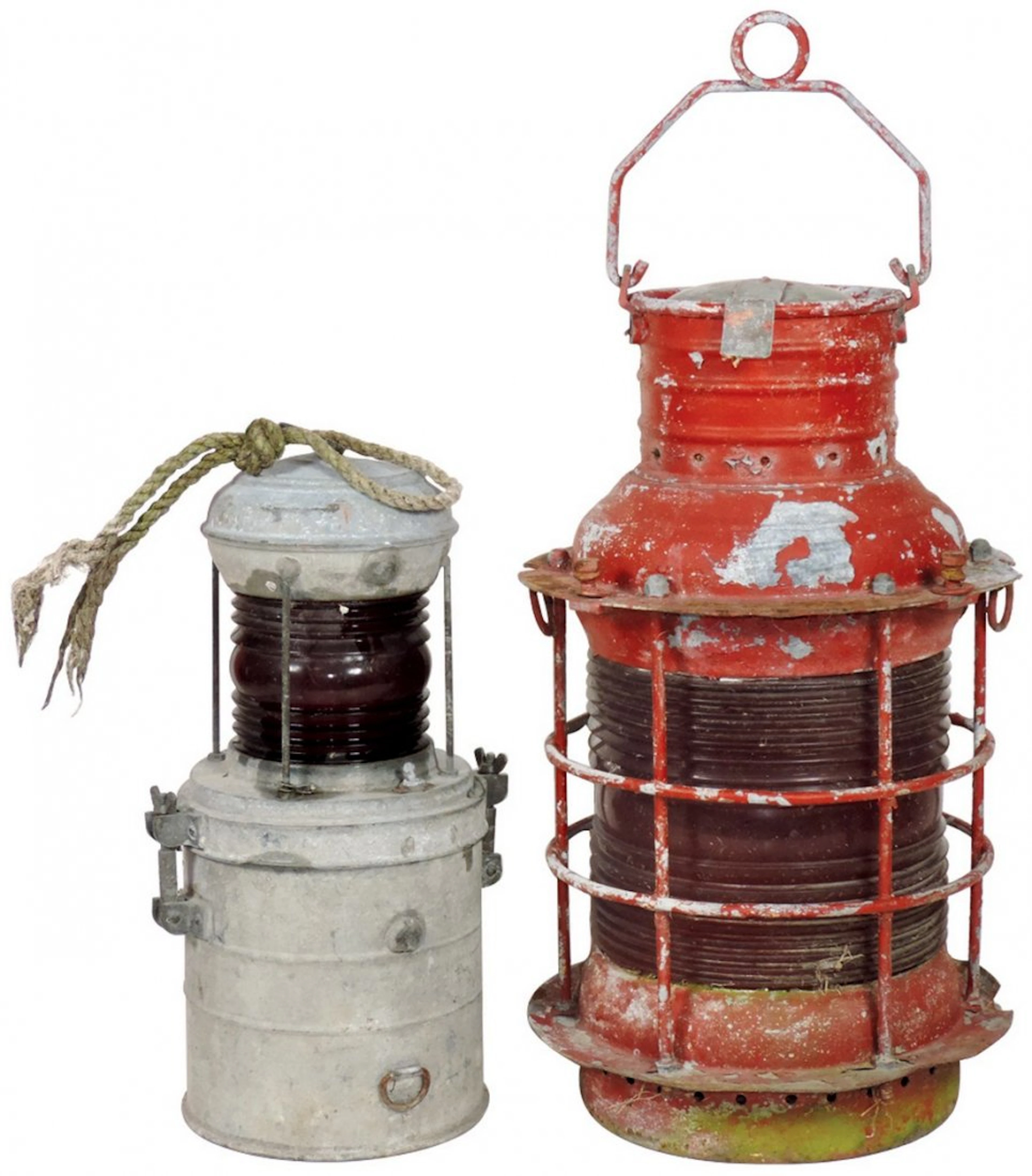 Nautical, ship lamps (2), pressed steel w/red shade, VG
