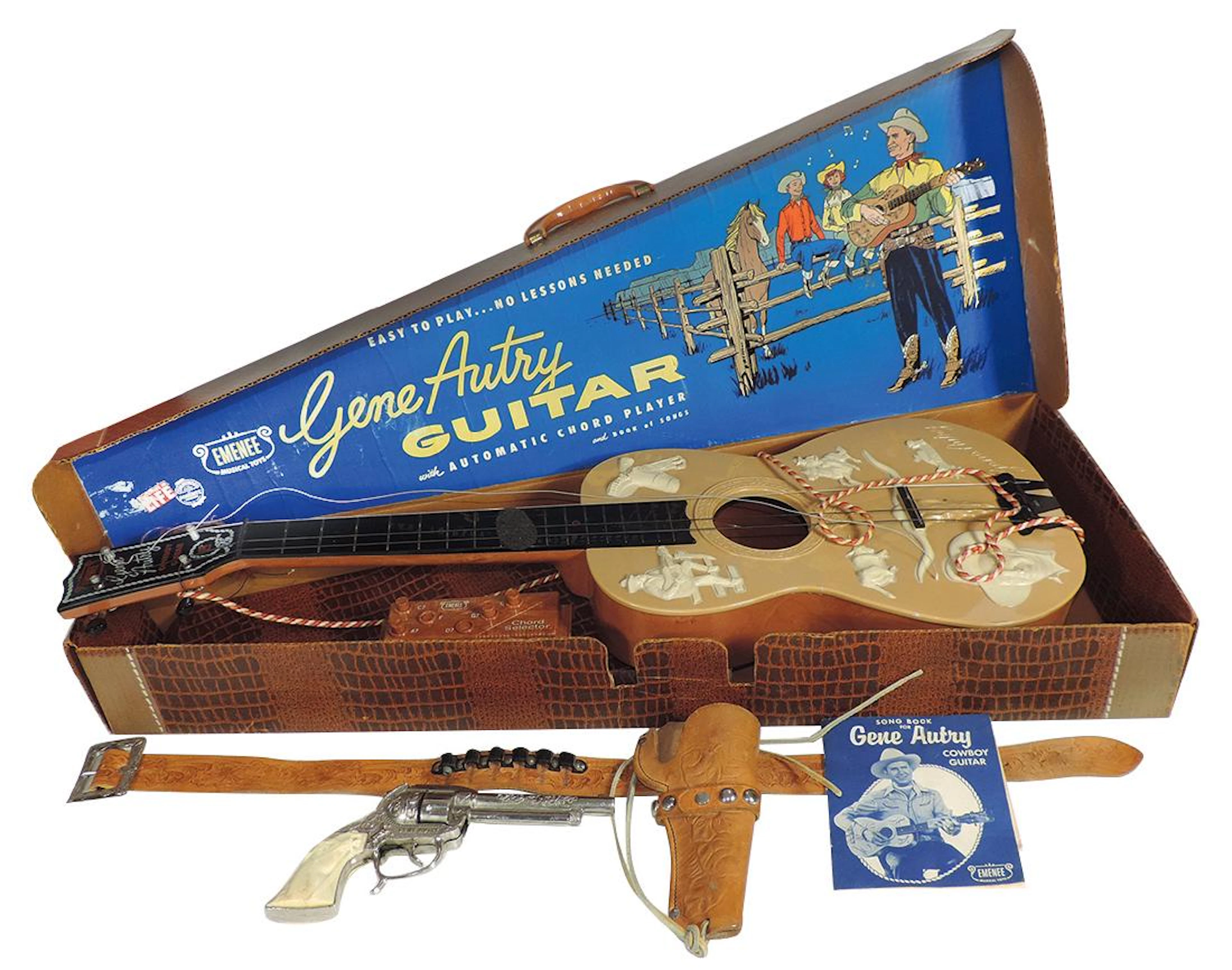 Gene Autry guitar, holster & poster, Emenee Musical