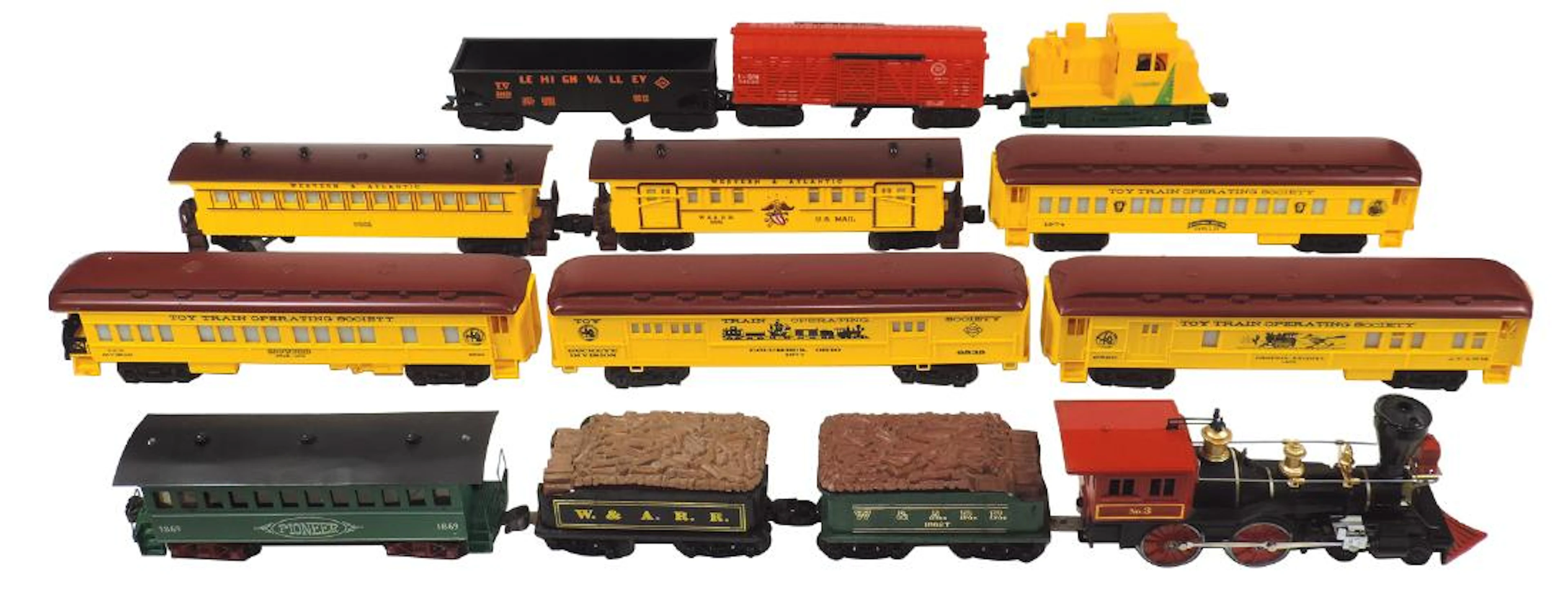 Toy train engine & cars (13), Lionel loco, U.S Mail