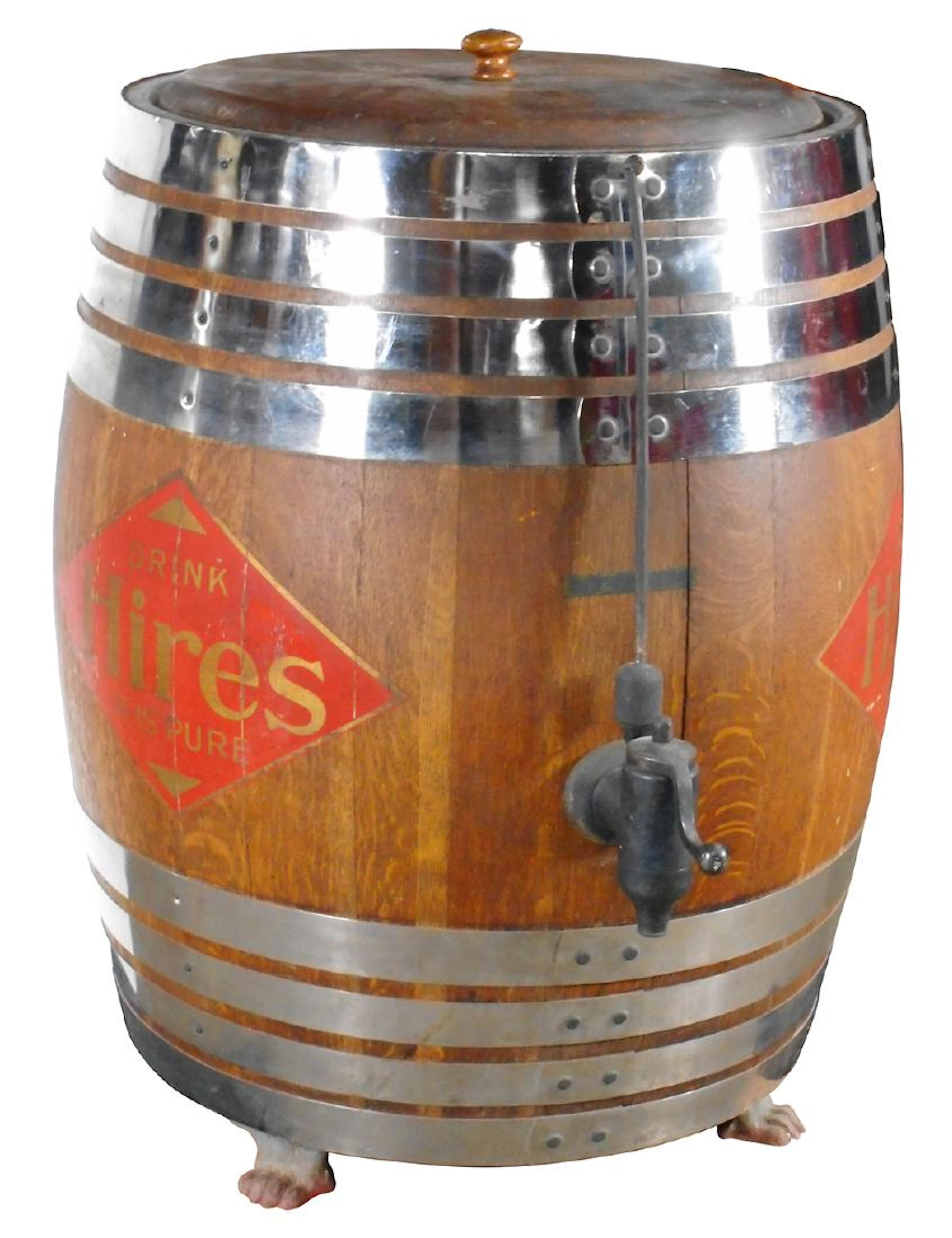 Soda fountain syrup dispenser, Hires Root Beer, oak keg