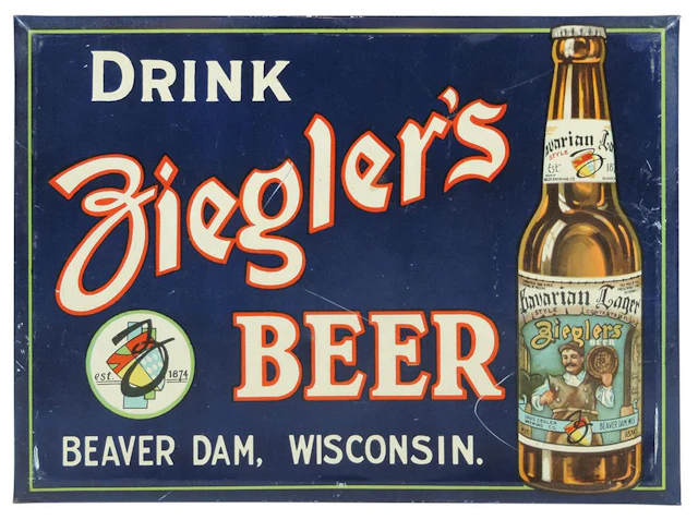 Breweriana sign, Ziegler's Beer, Louis Ziegler Brewing