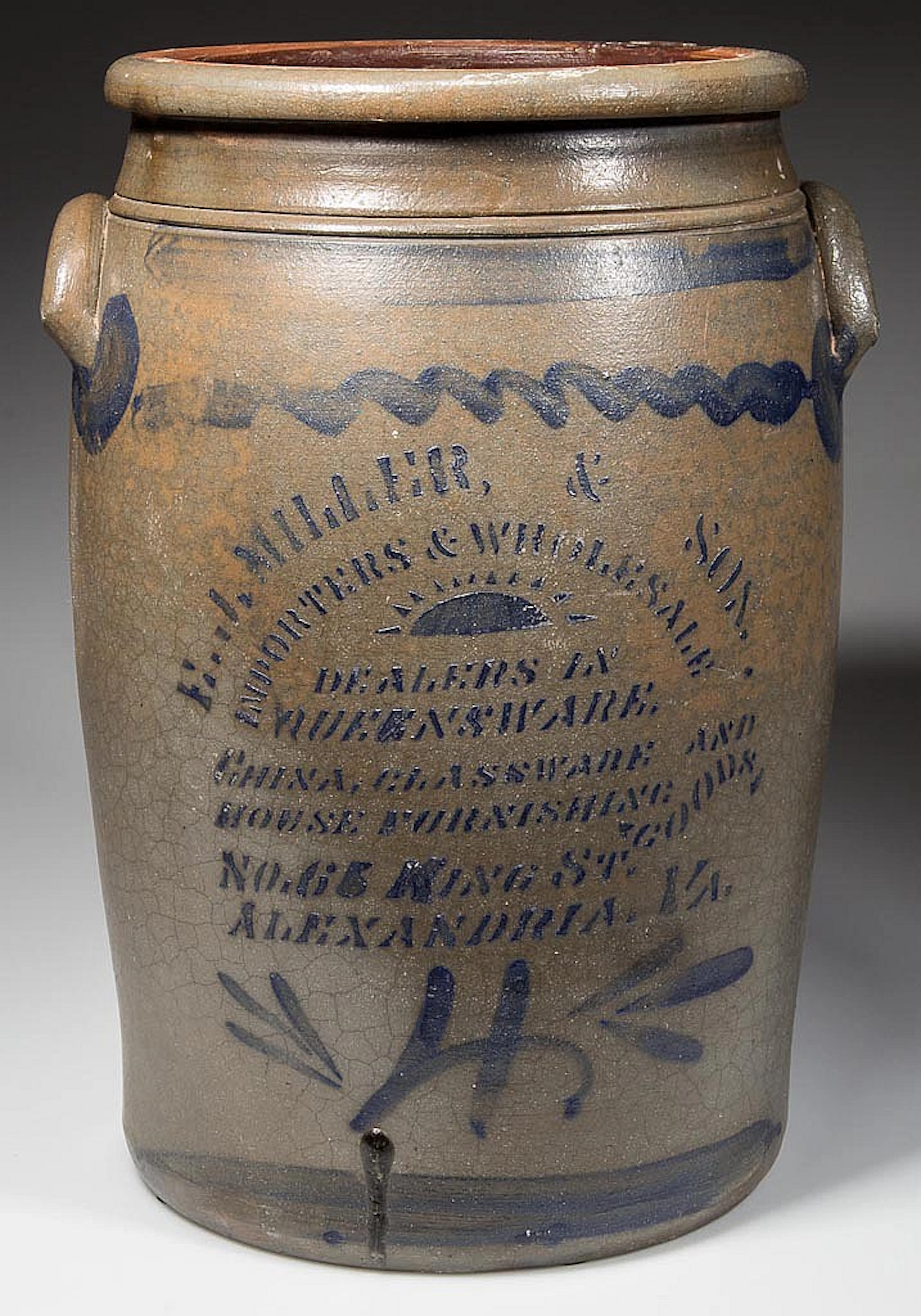VIRGINIA MERCHANT'S STENCILED STONEWARE JAR