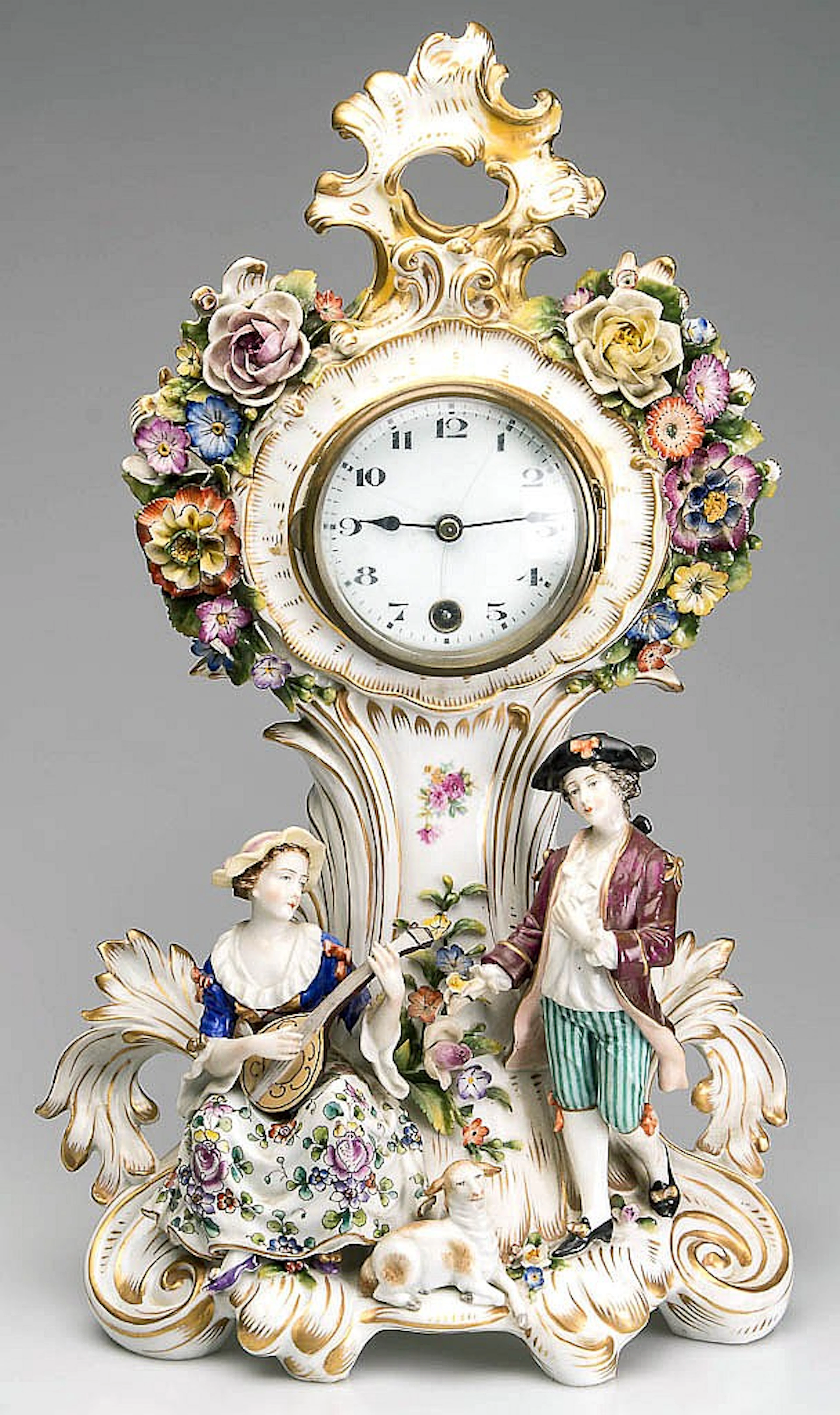 GERMAN PORCELAIN BAROQUE-STYLE CASE MANTEL CLOCK
