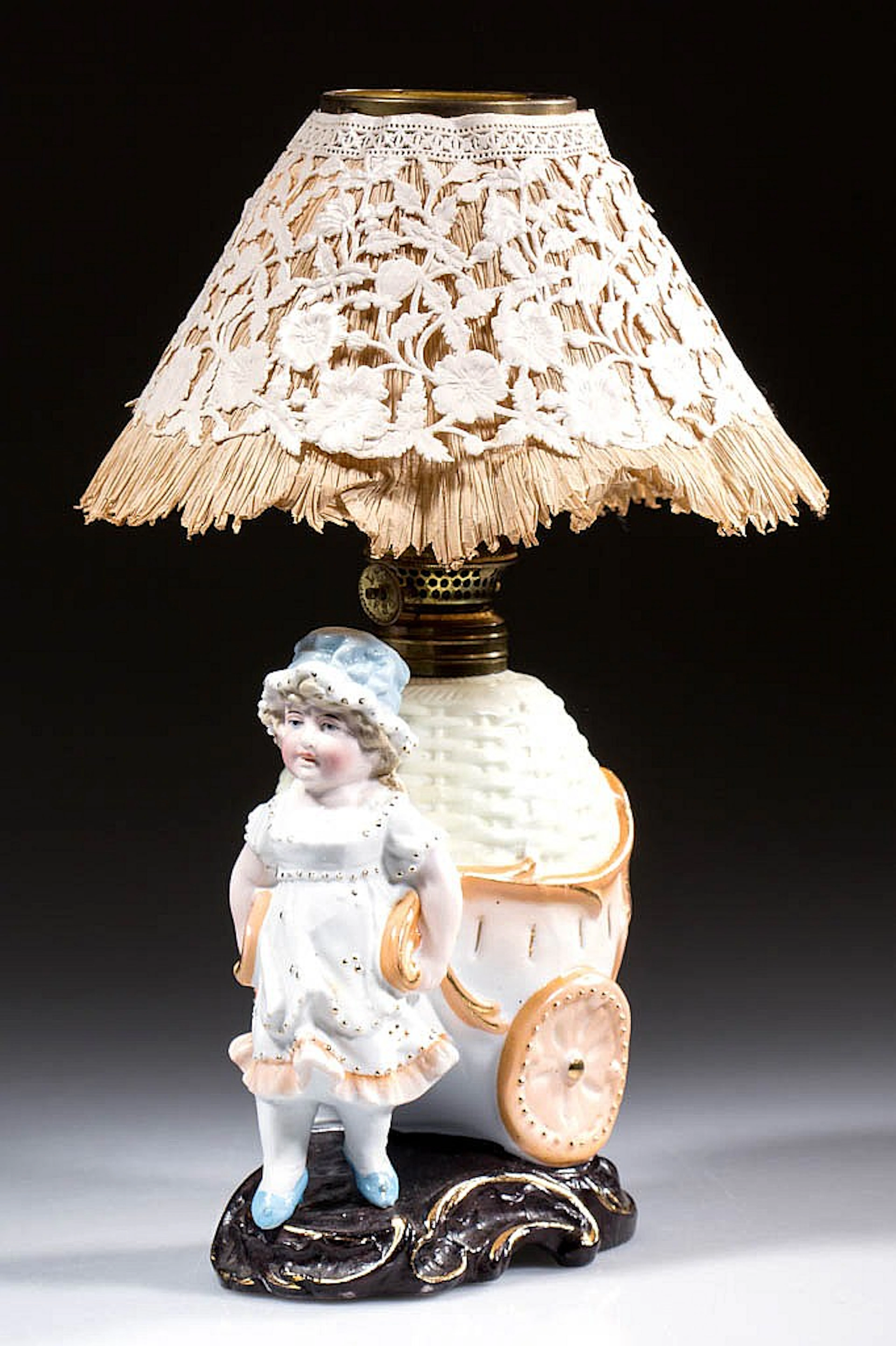 BISQUE GIRL WITH CART FIGURAL MINIATURE LAMP