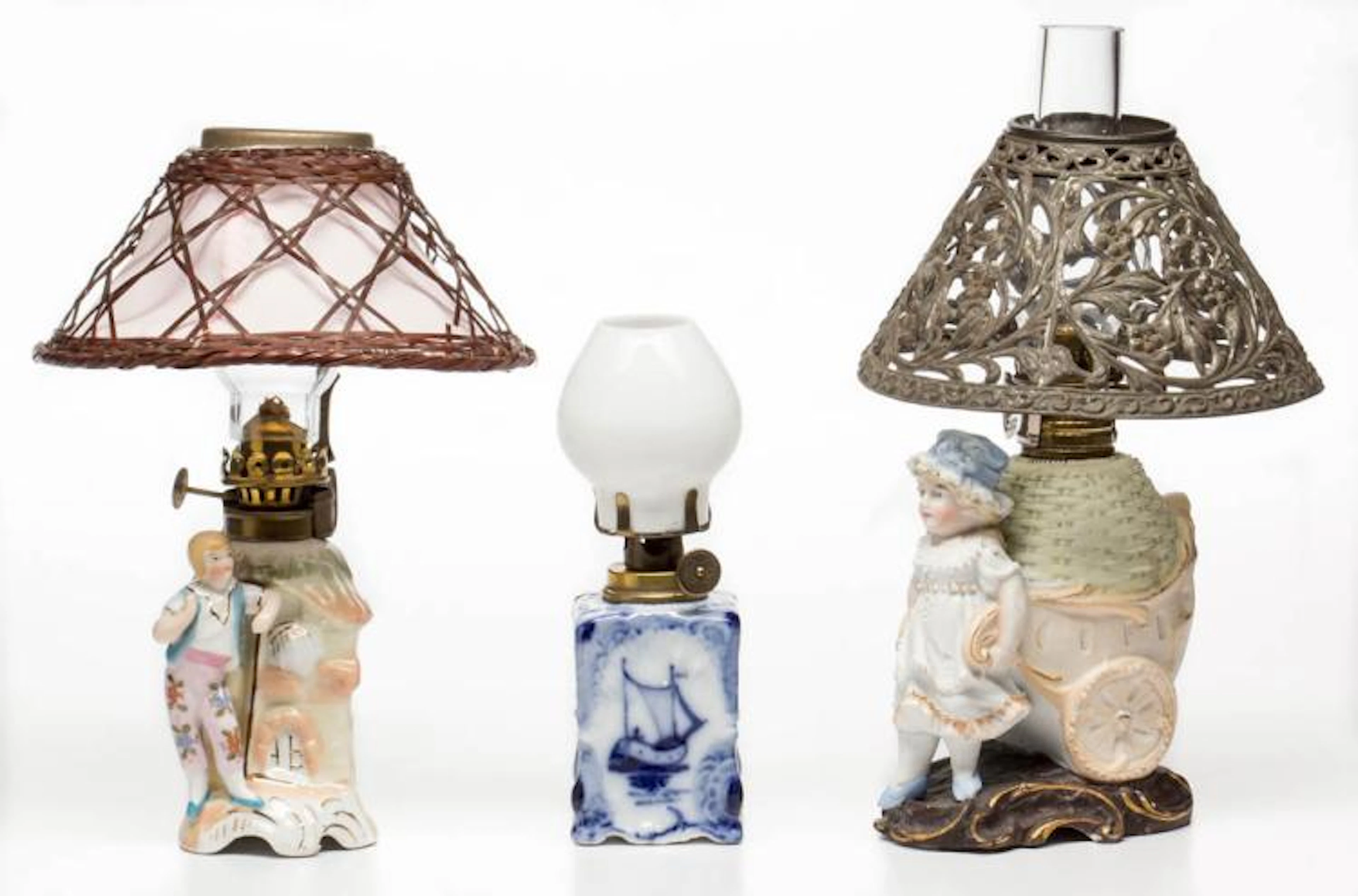 BISQUE AND PORCELAIN MINIATURE LAMPS, LOT OF THREE