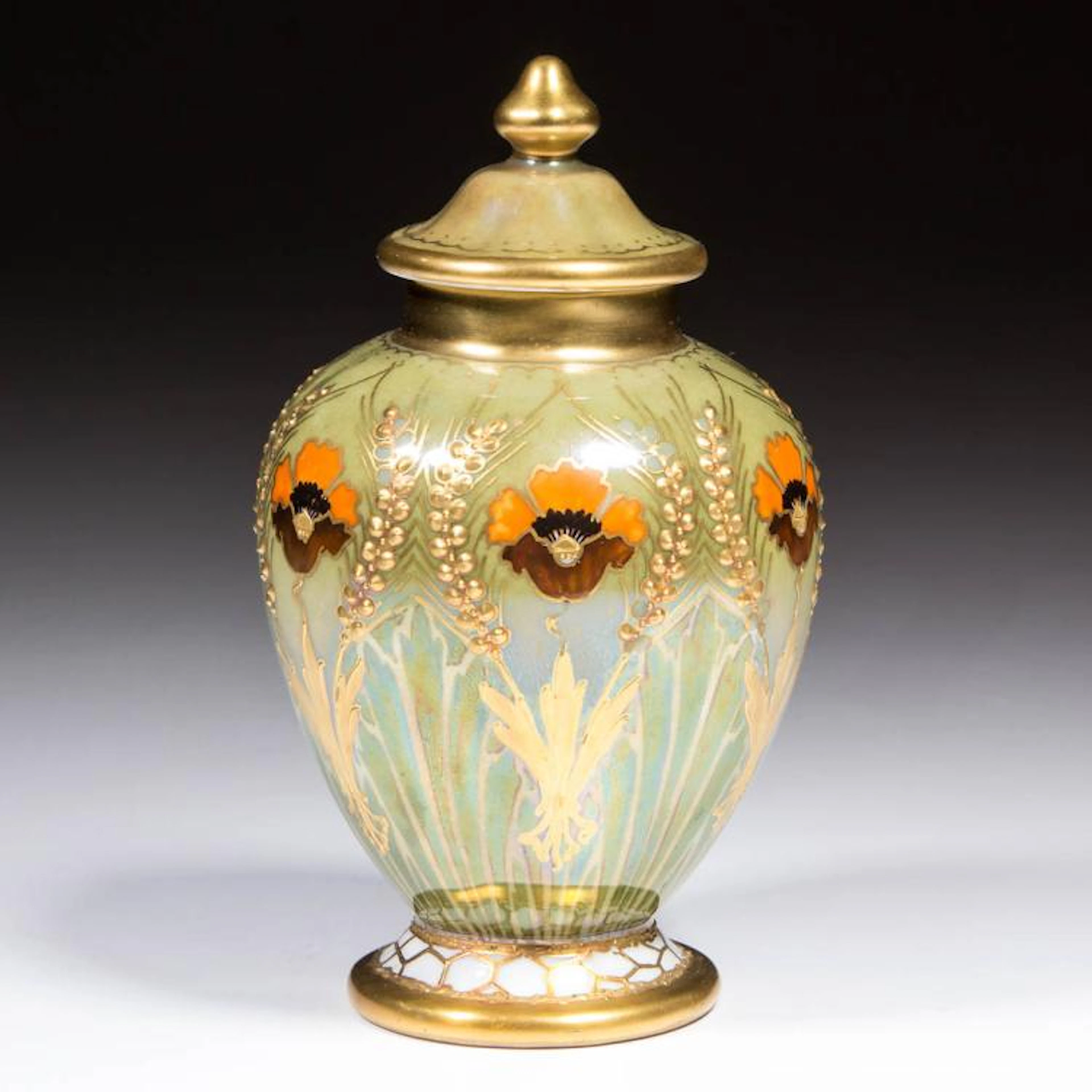 GERMAN HAND-PAINTED GILT CERAMIC CABINET URN