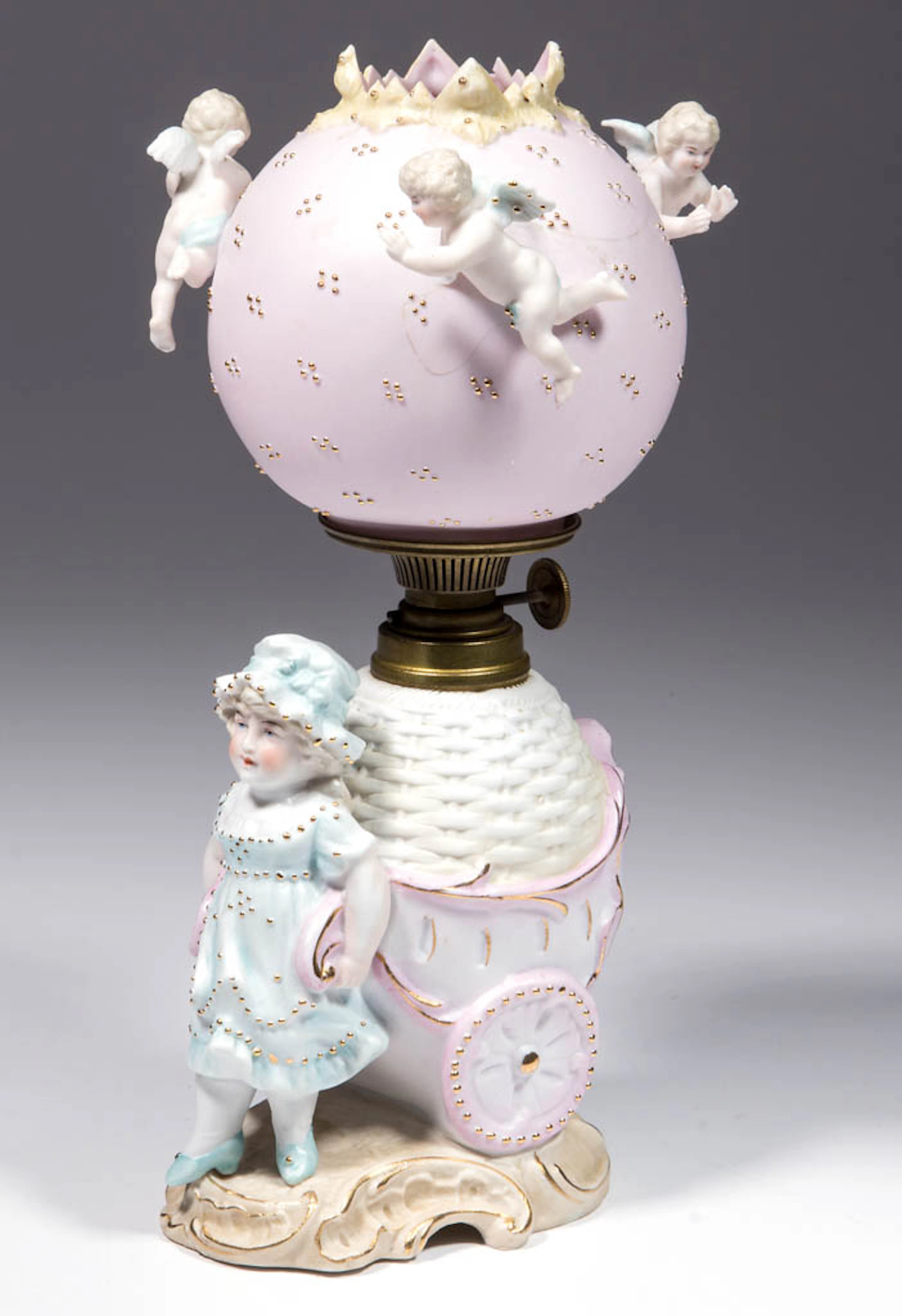 BISQUE GIRL WITH CART FIGURAL MINIATURE LAMP