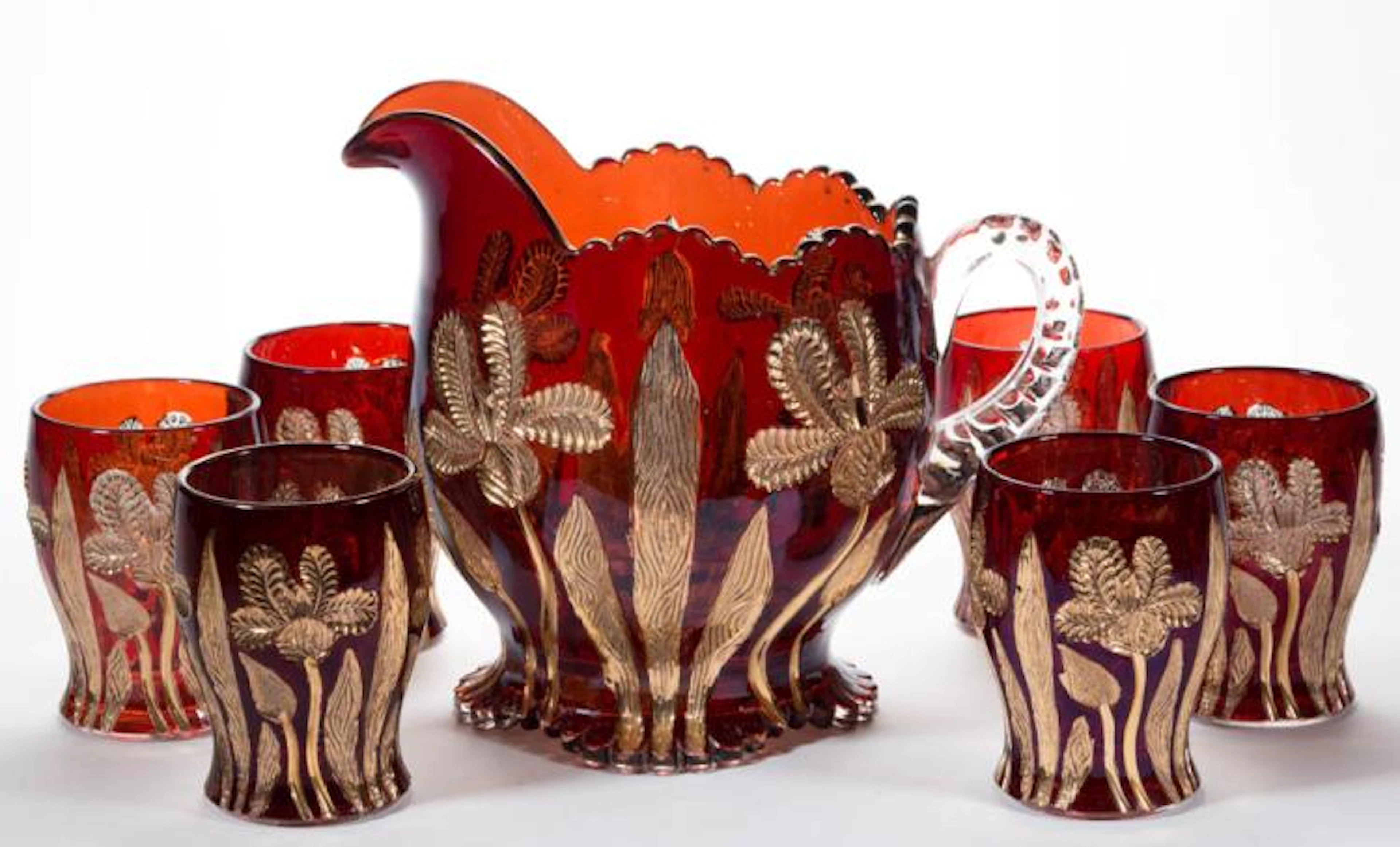 REBECCA / JAPANESE IRIS - RUBY-STAINED SEVEN-PIECE WATER SET
