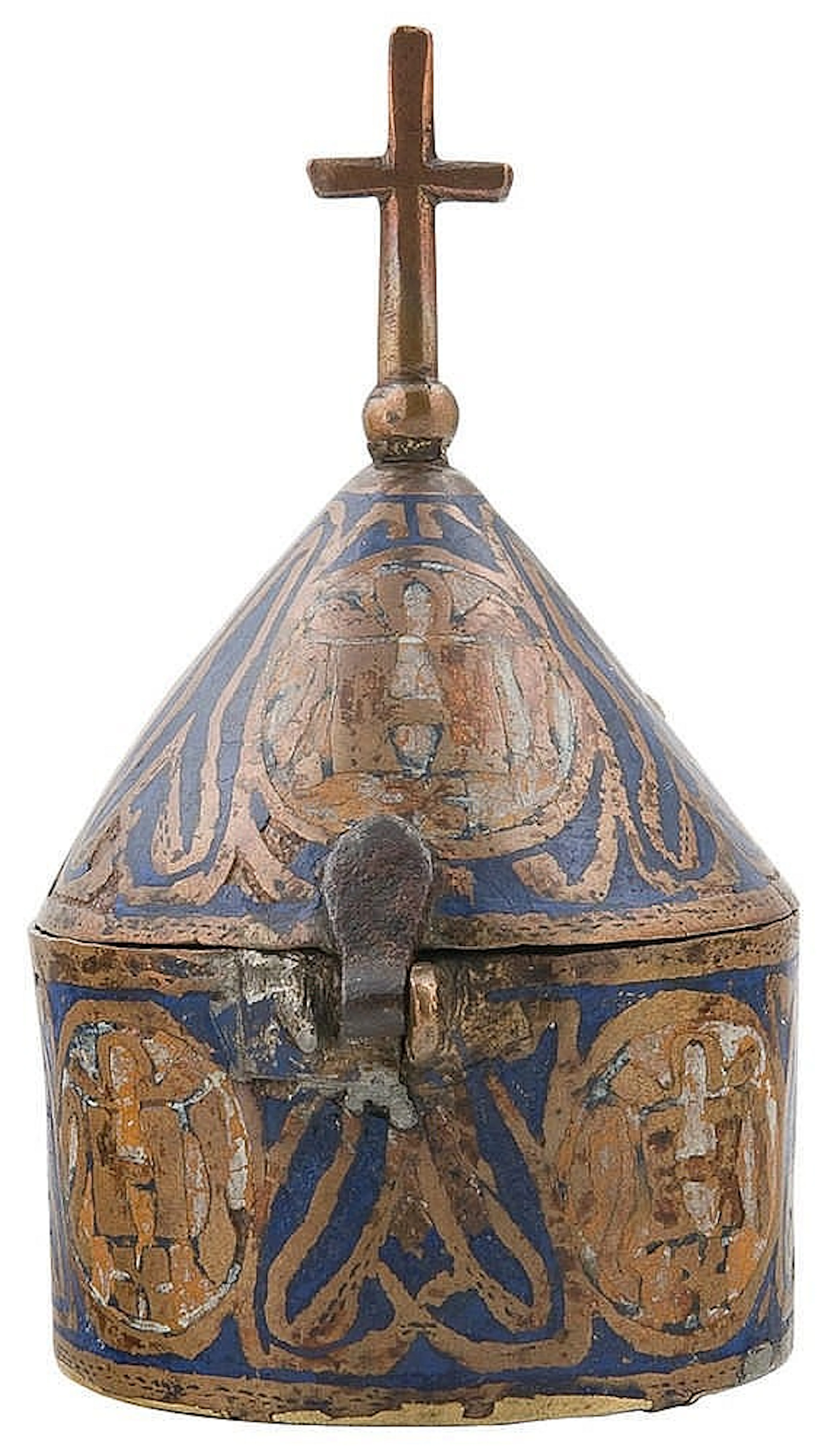 Gilded copper pyx with champlevé enamel. Limoges. Francia. Siglo XIII.