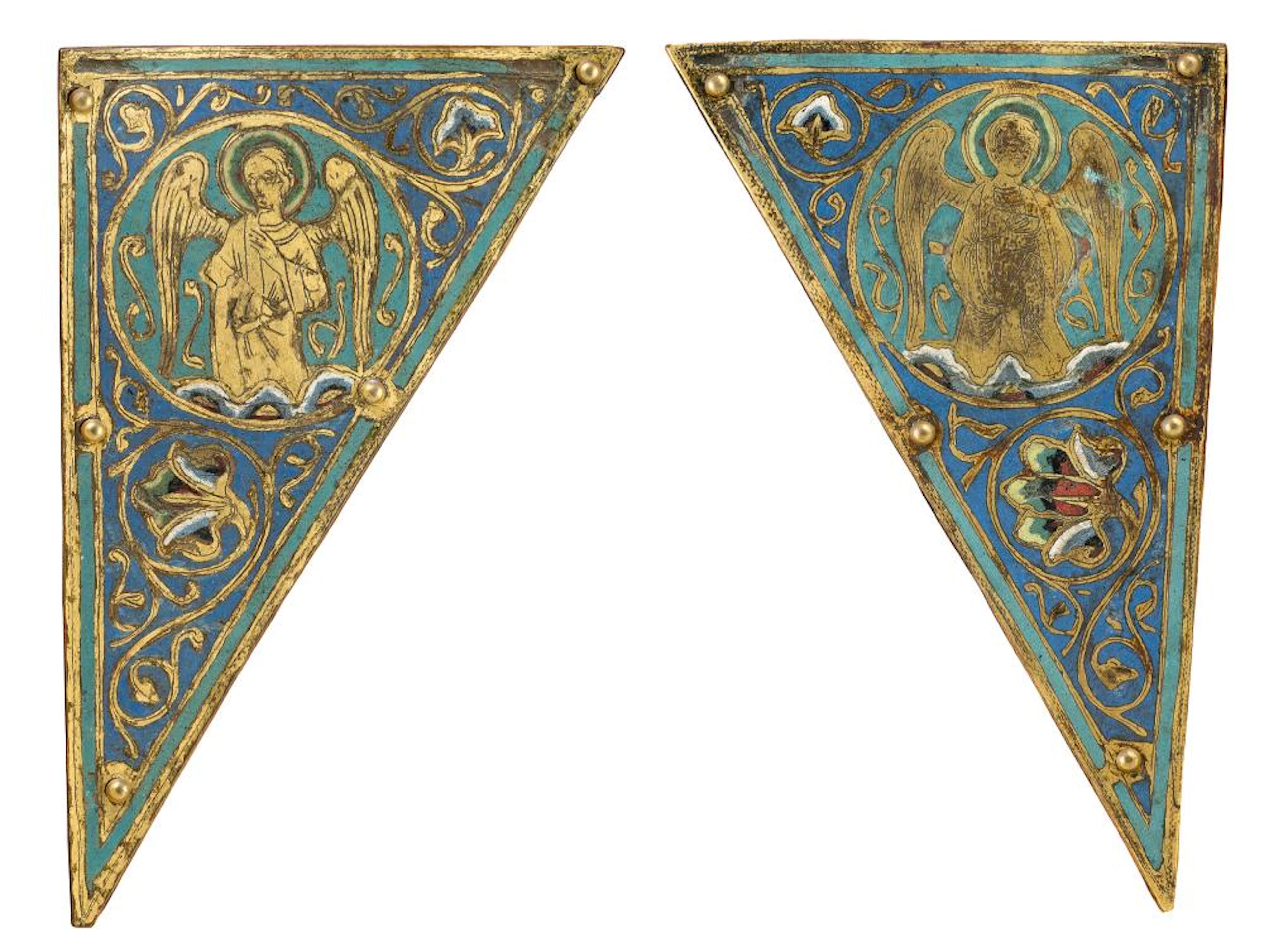 Two gilded and chased copper plaques with champlevé enamel