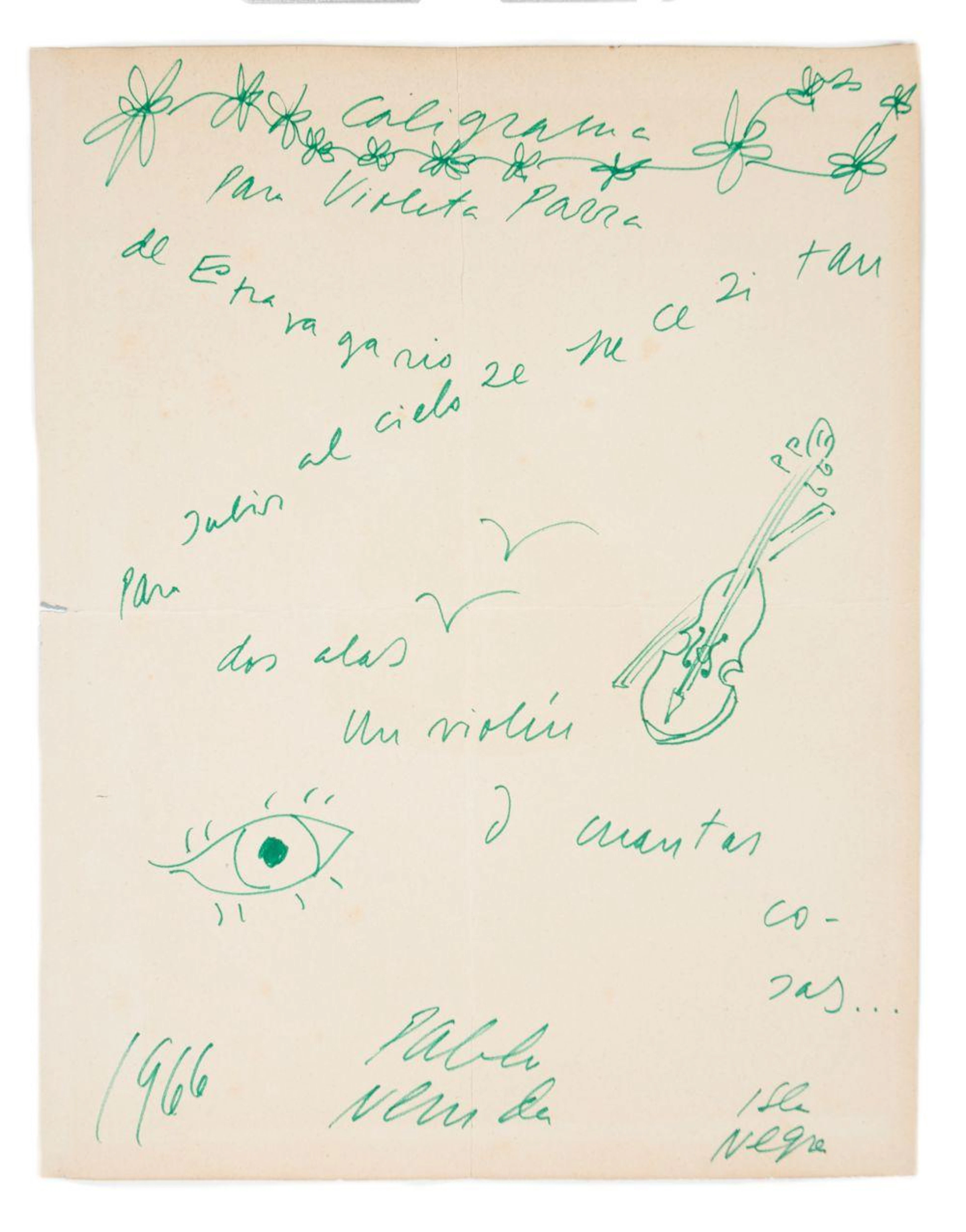 Neruda, Pablo. Caligrama para Violeta Parra. 1966.