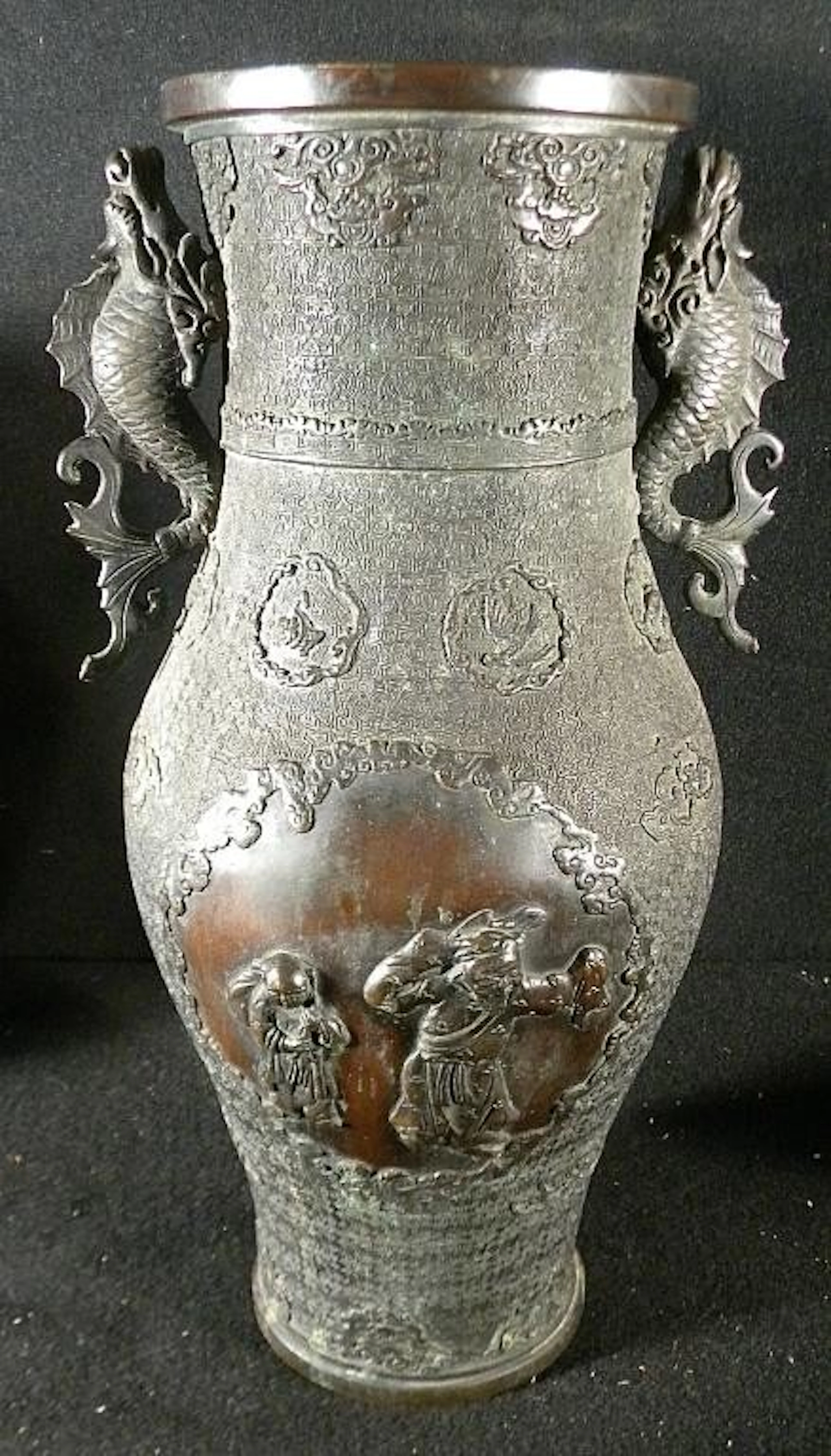 272e: asian 16" high bronze vase with figures on sides