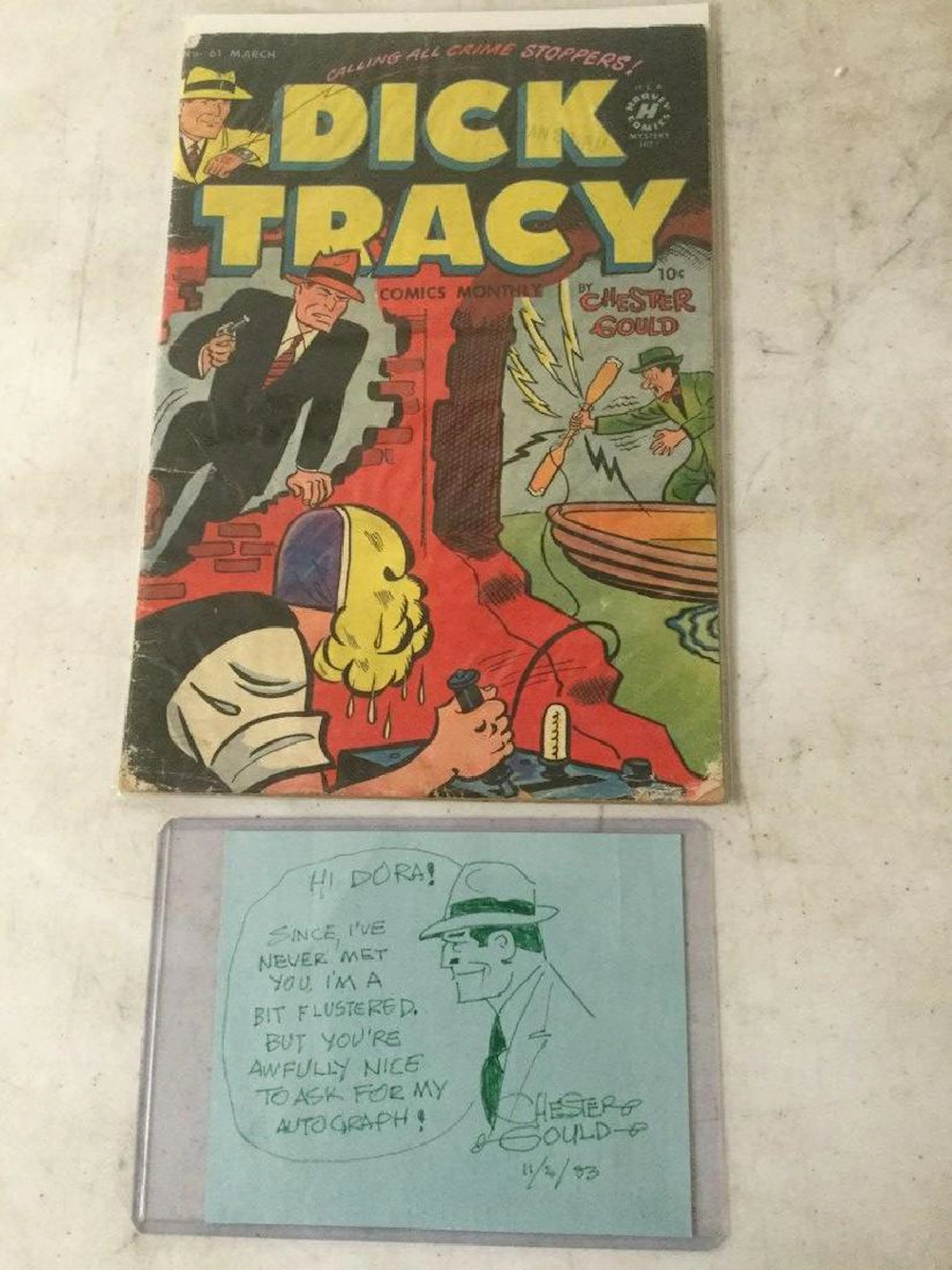 Chester gould signed note with illustration of dick
