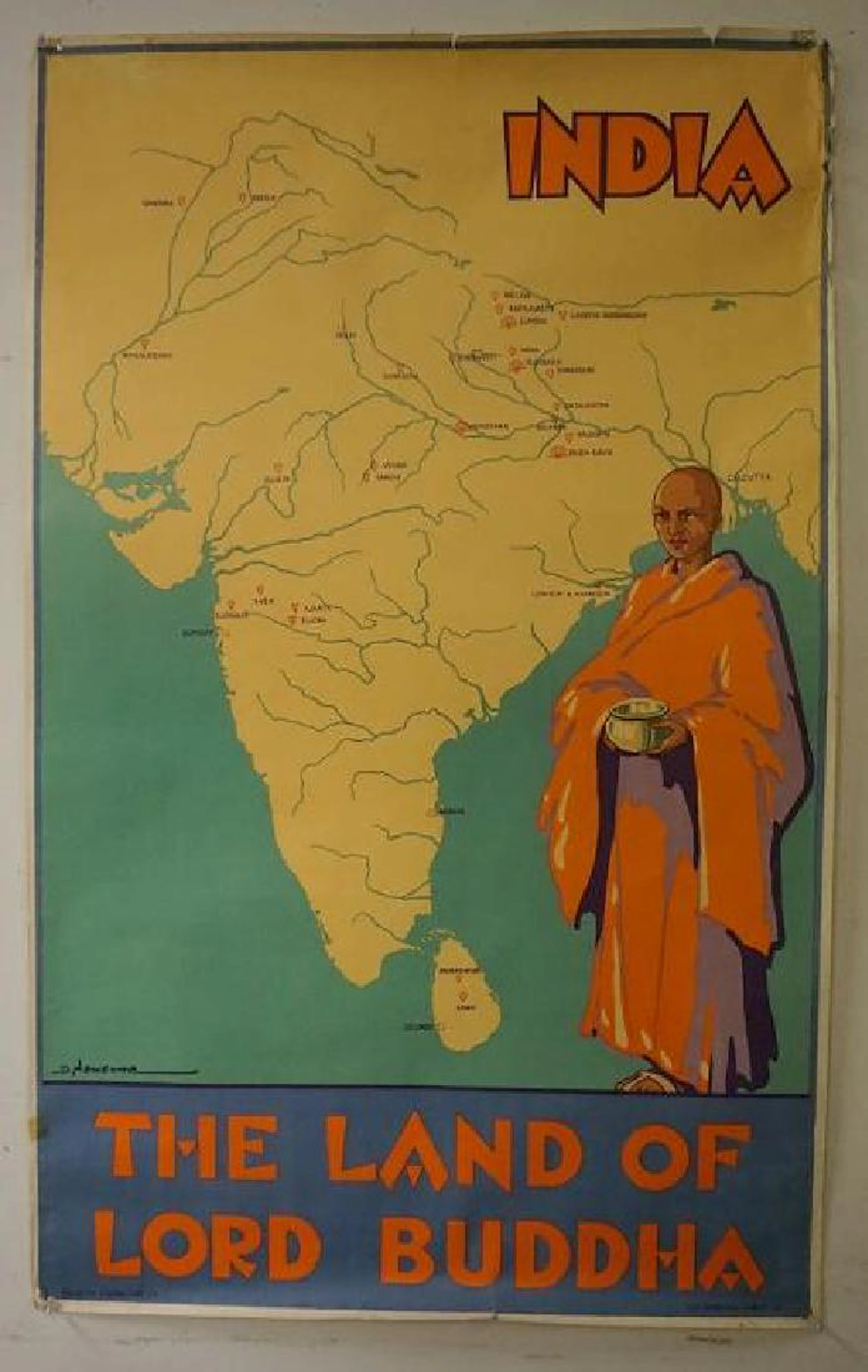 India the land of lord buddha 1930's travel poster,