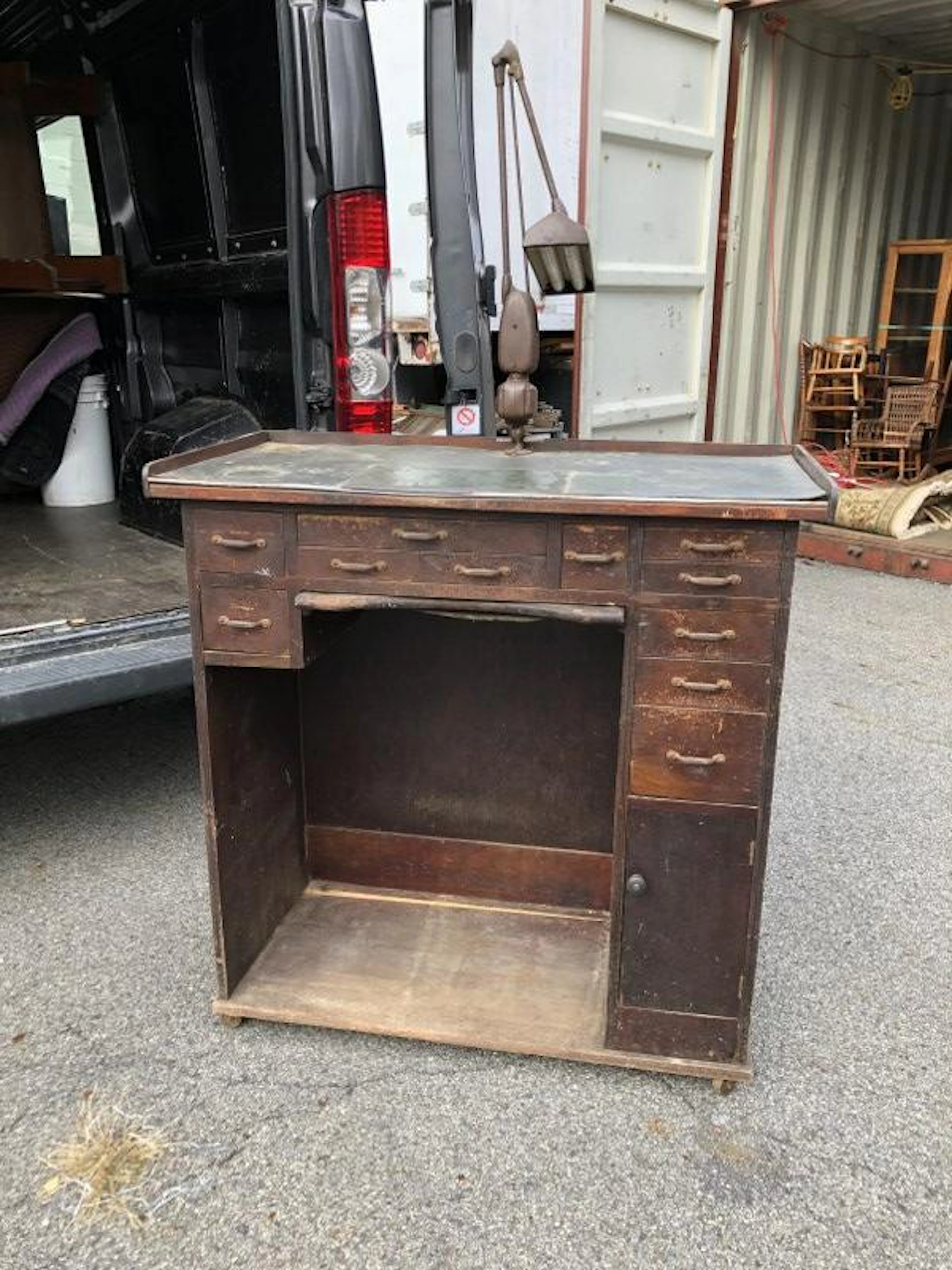 OLD JEWELERS WATCH MAKERS WORK BENCH WITH LIGHT, AND