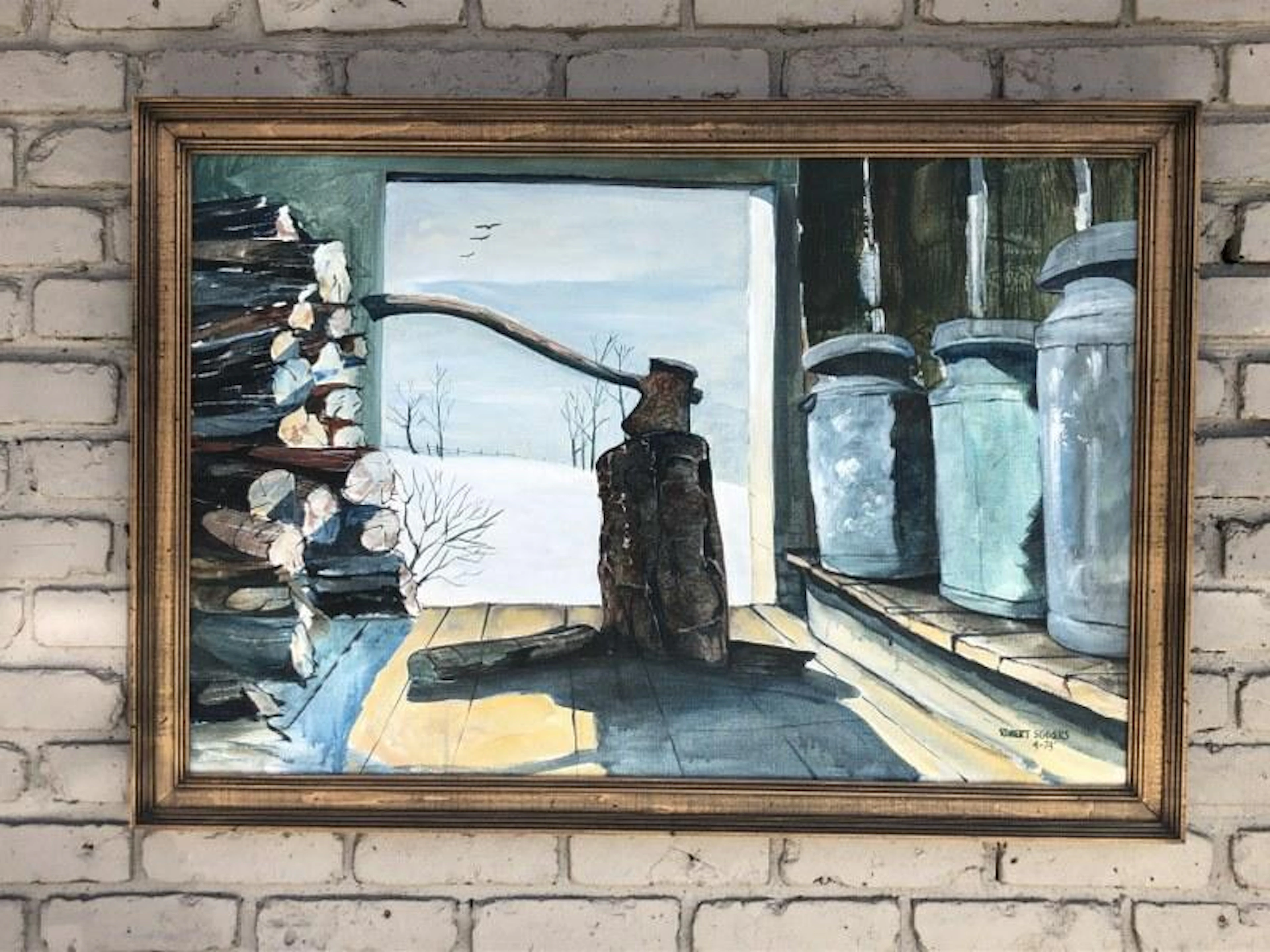 ROBERT EGGERS(1931-2002) O/C WOODSHED W/AXE, LOGS AND