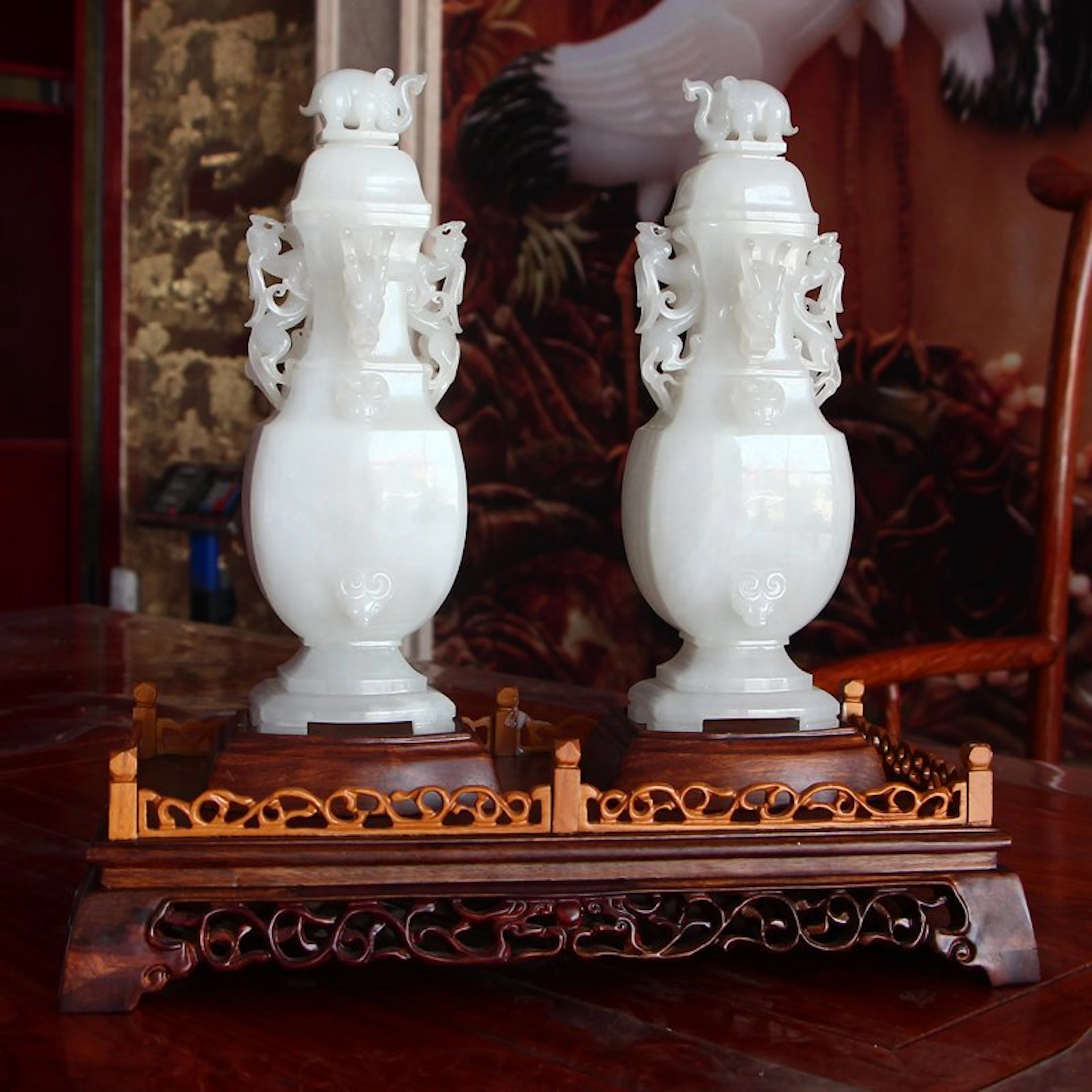 A Pair Chinese Qing Dy Hetian Jade Elephants Vases