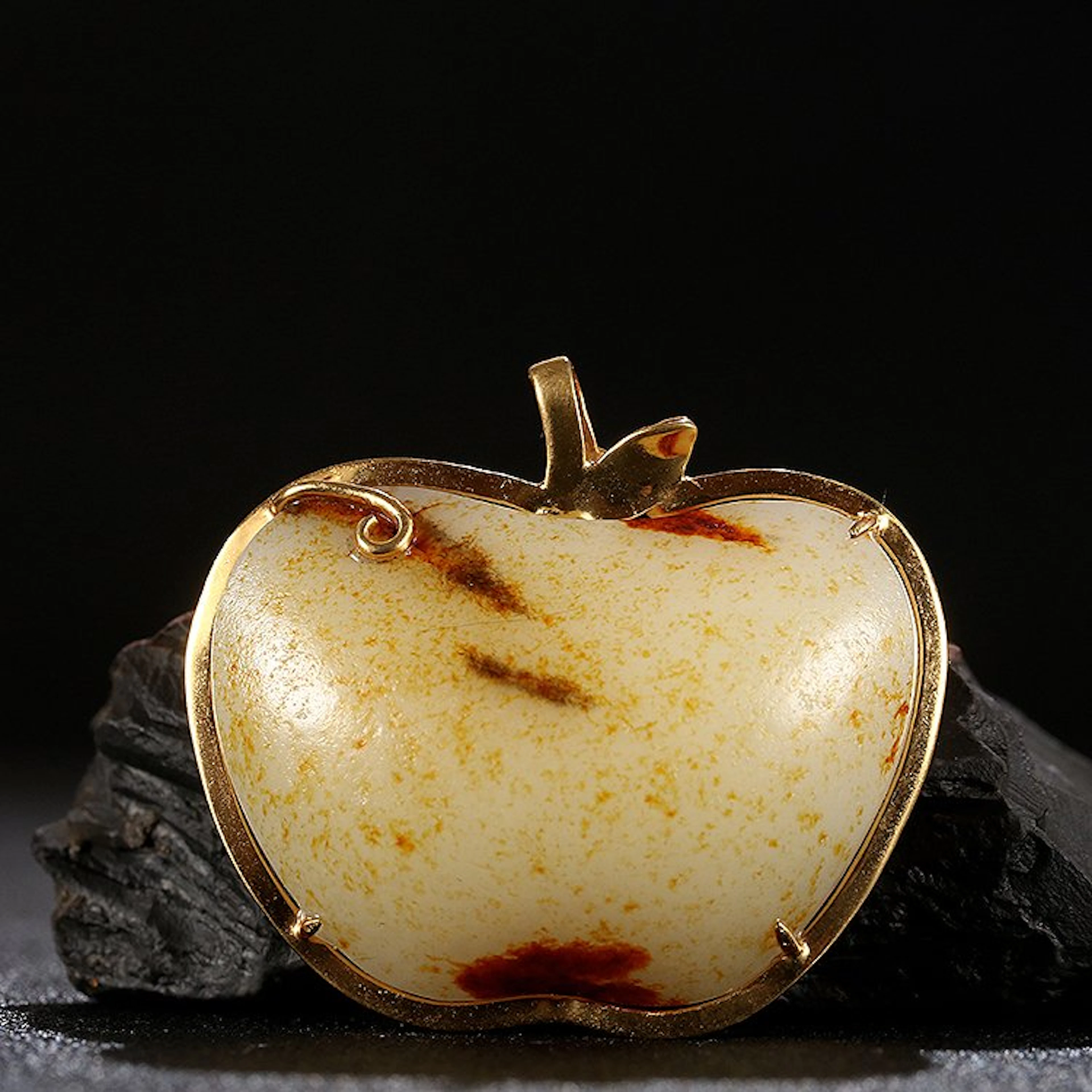 Superb 18K Gold Inlay Hetian Jade Apple Pendant