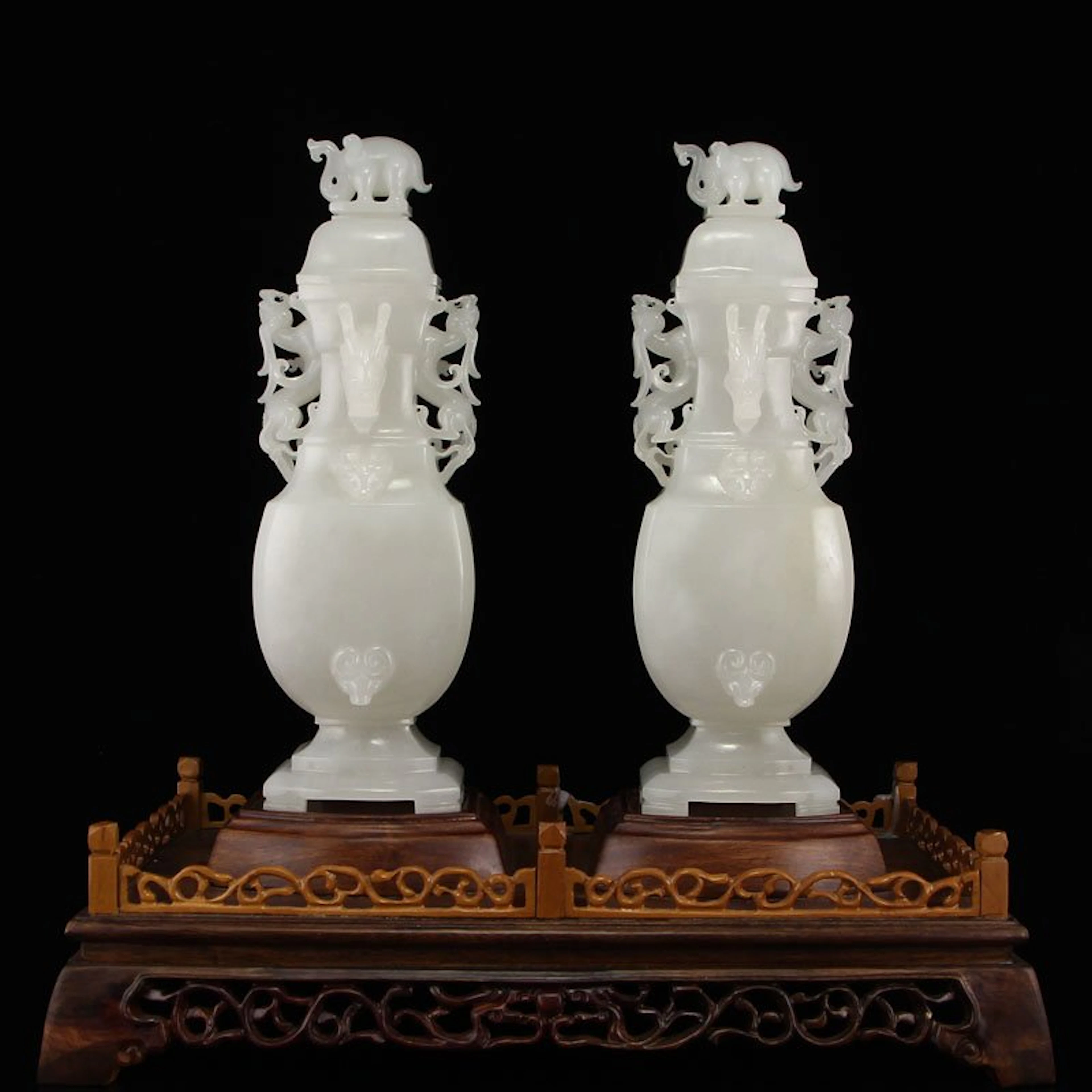 A Pair Chinese Qing Dy Hetian Jade Elephants Vases