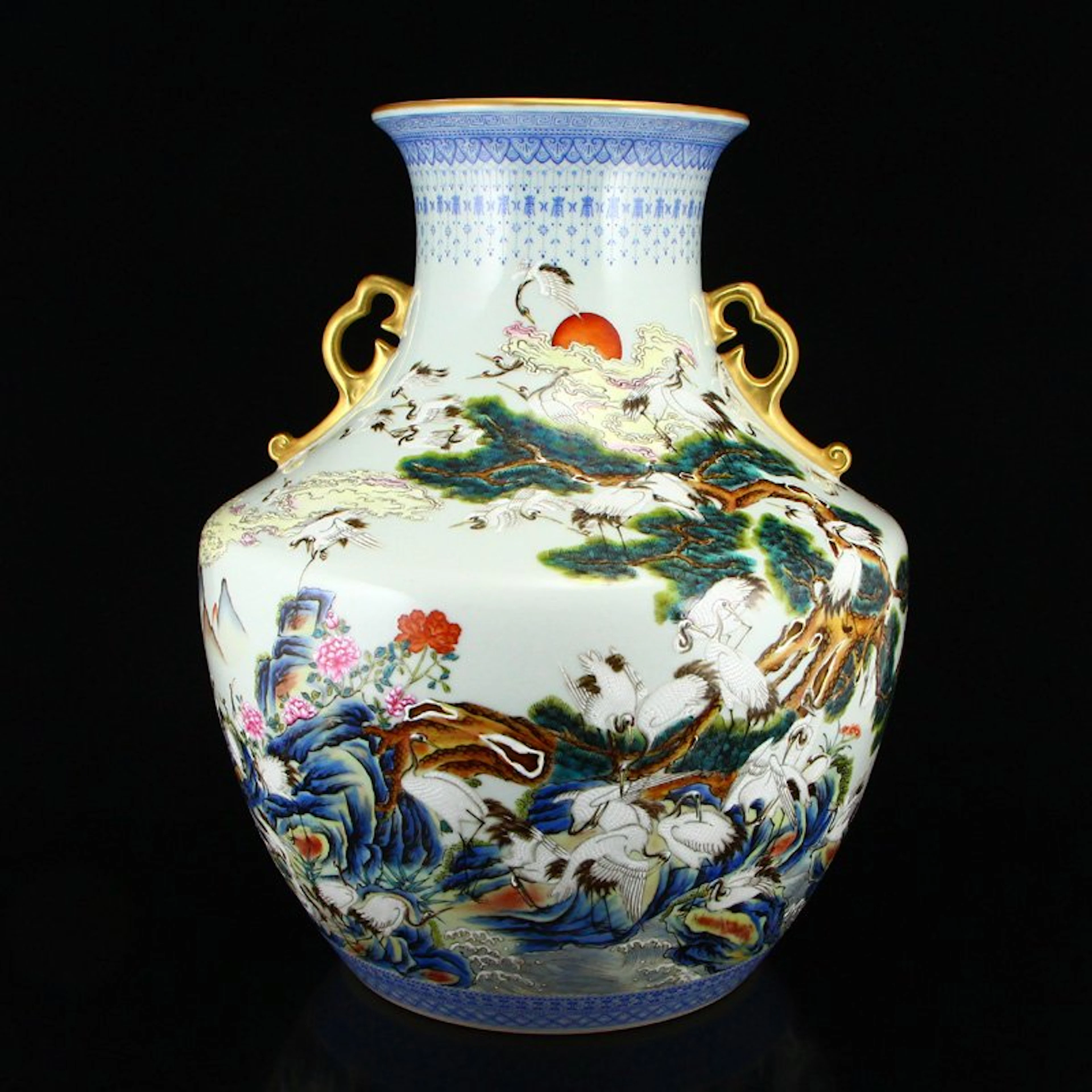 Gilt Edges Famille Rose Porcelain Double Ears Big Jar