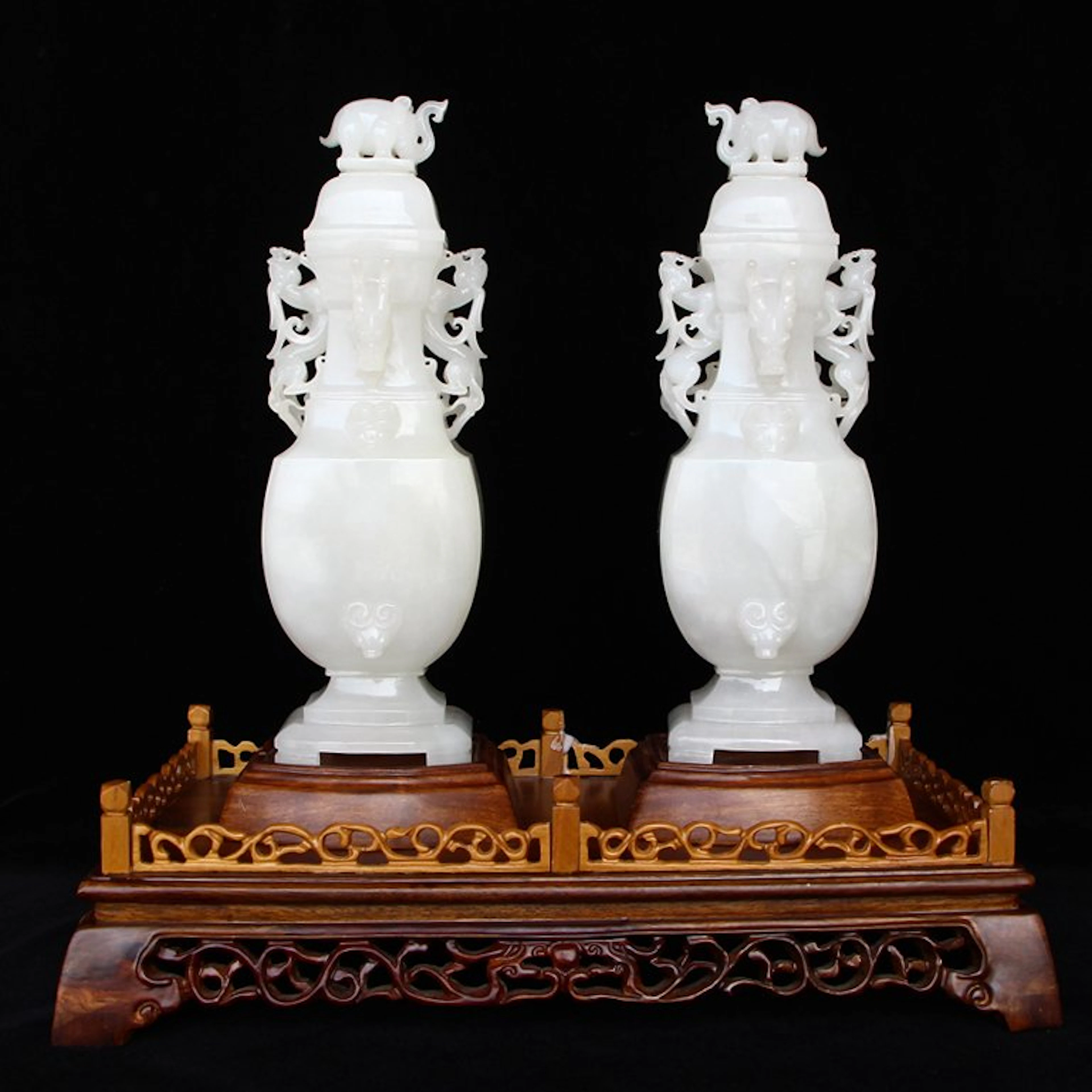 A Pair Chinese Qing Dy Hetian Jade Elephants Vases