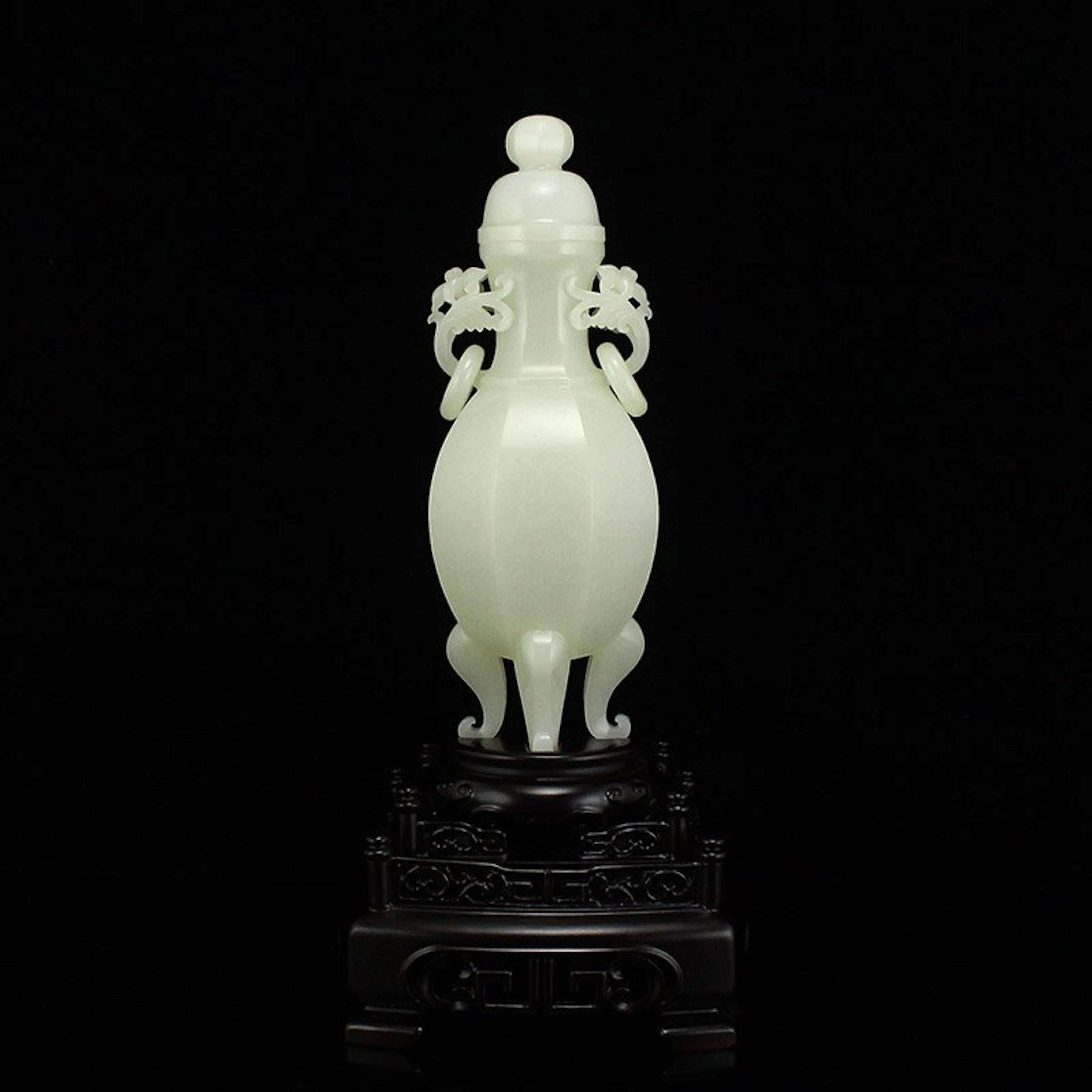 Superb Hetian Jade Double Rings Vase w Zitan Wood Base