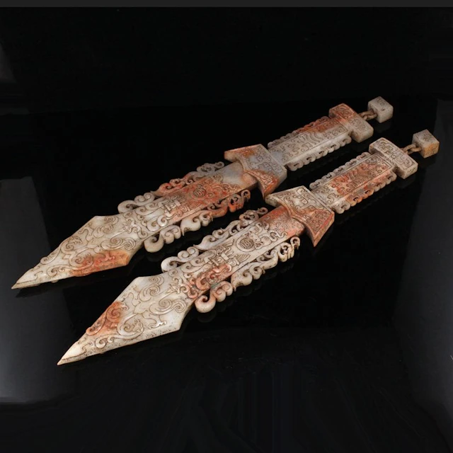 A Pair Vintage Chinese Hetian Jade Swords