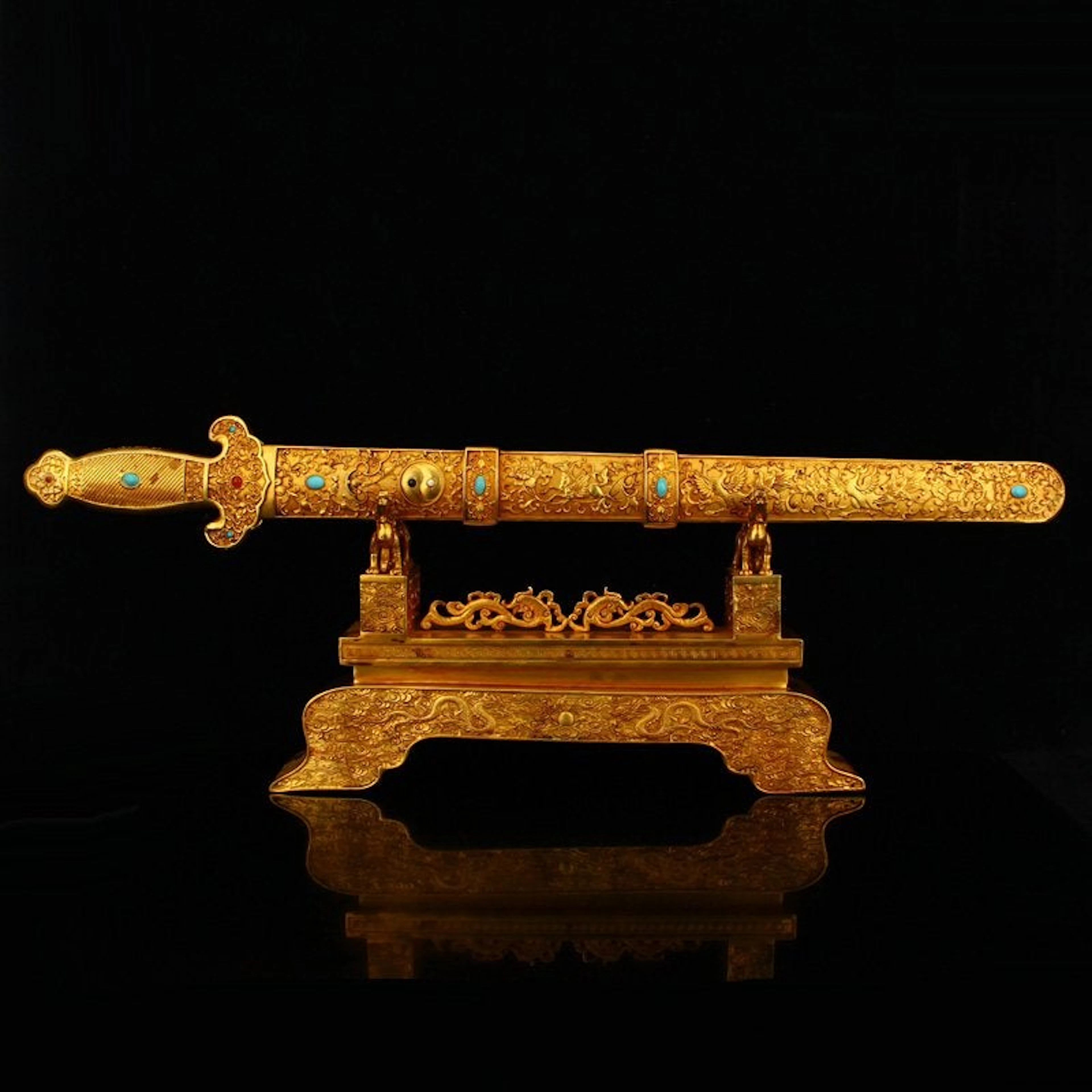 Superb Qing Gilt Gold Red Copper Dragon Phoenix Sword