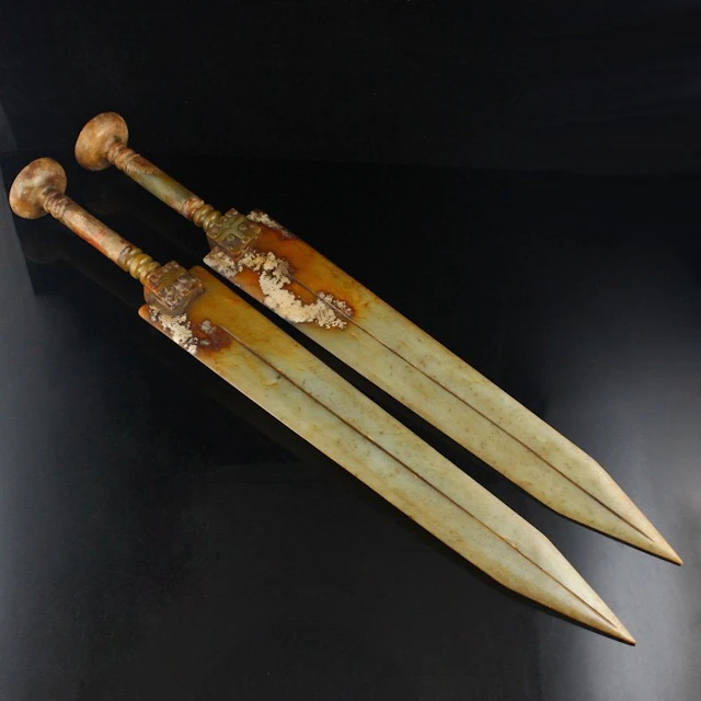 A Pair Vintage Chinese Hetian Jade Swords