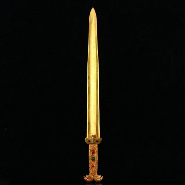 Vintage Chinese Gilt Gold Red Copper Inlay Gem Sword