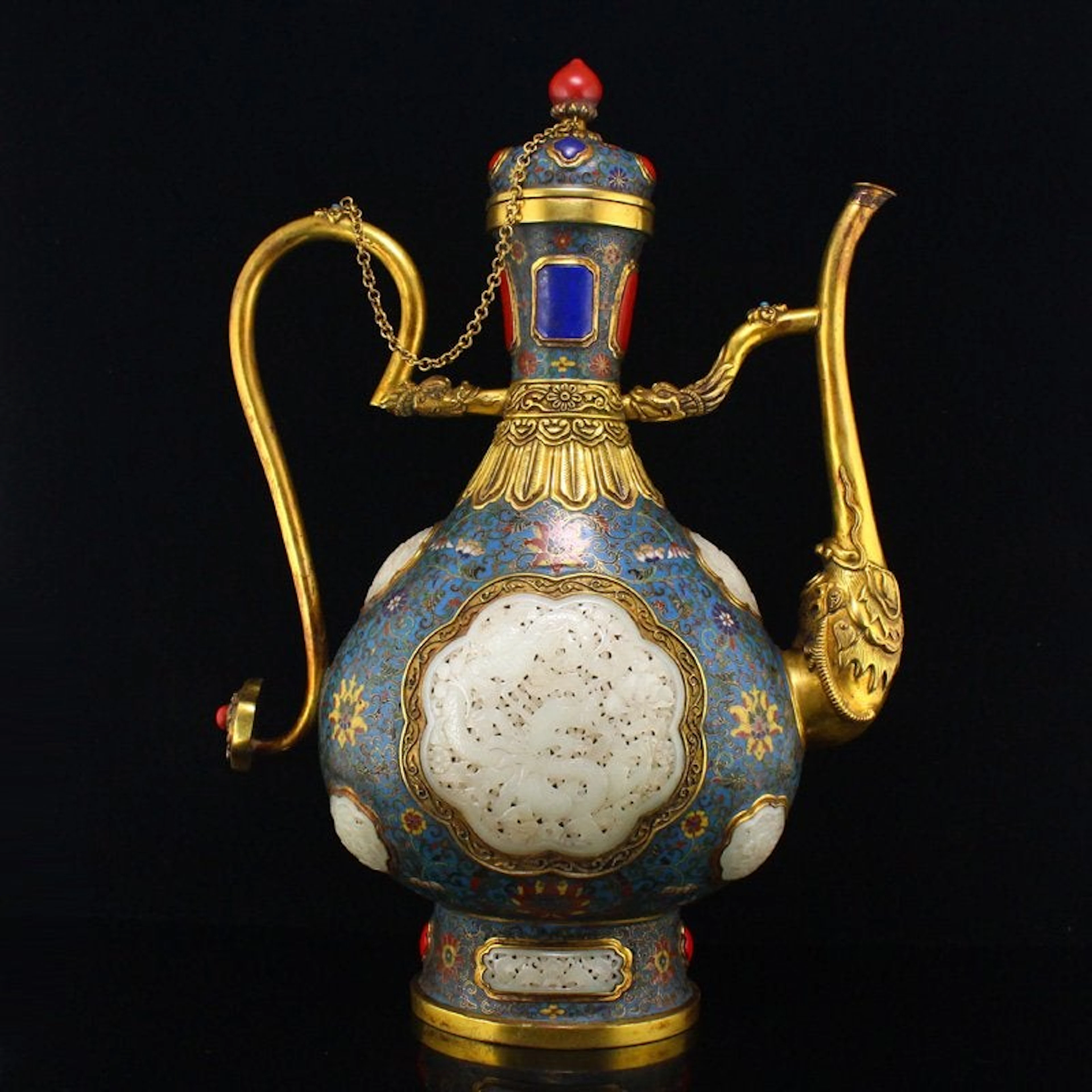 Gilt Gold Red Copper Cloisonne Hetian Jade Wine Pot