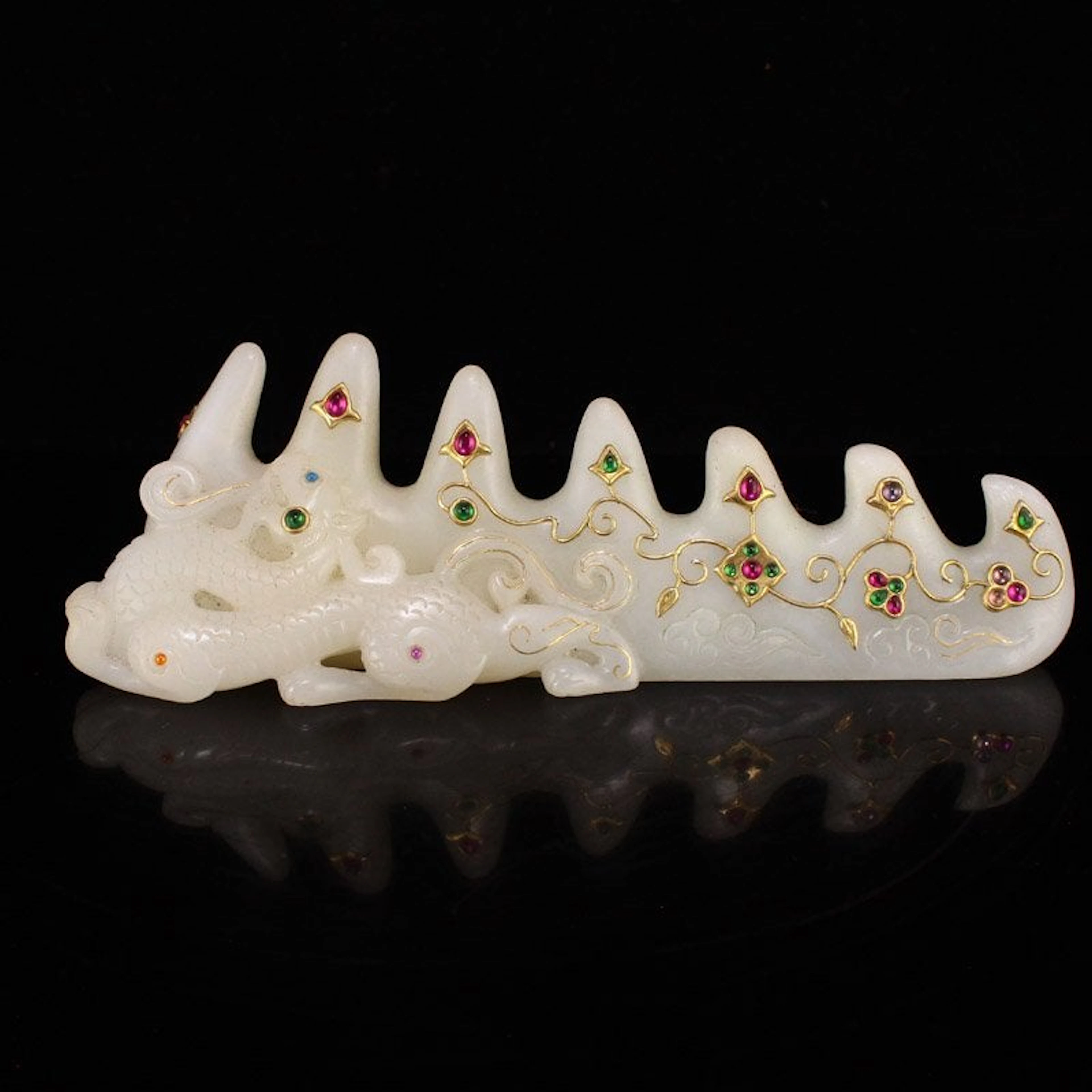 Qing Hetian Jade Inlay Gold Wire & Gem Brush Pen Shelf