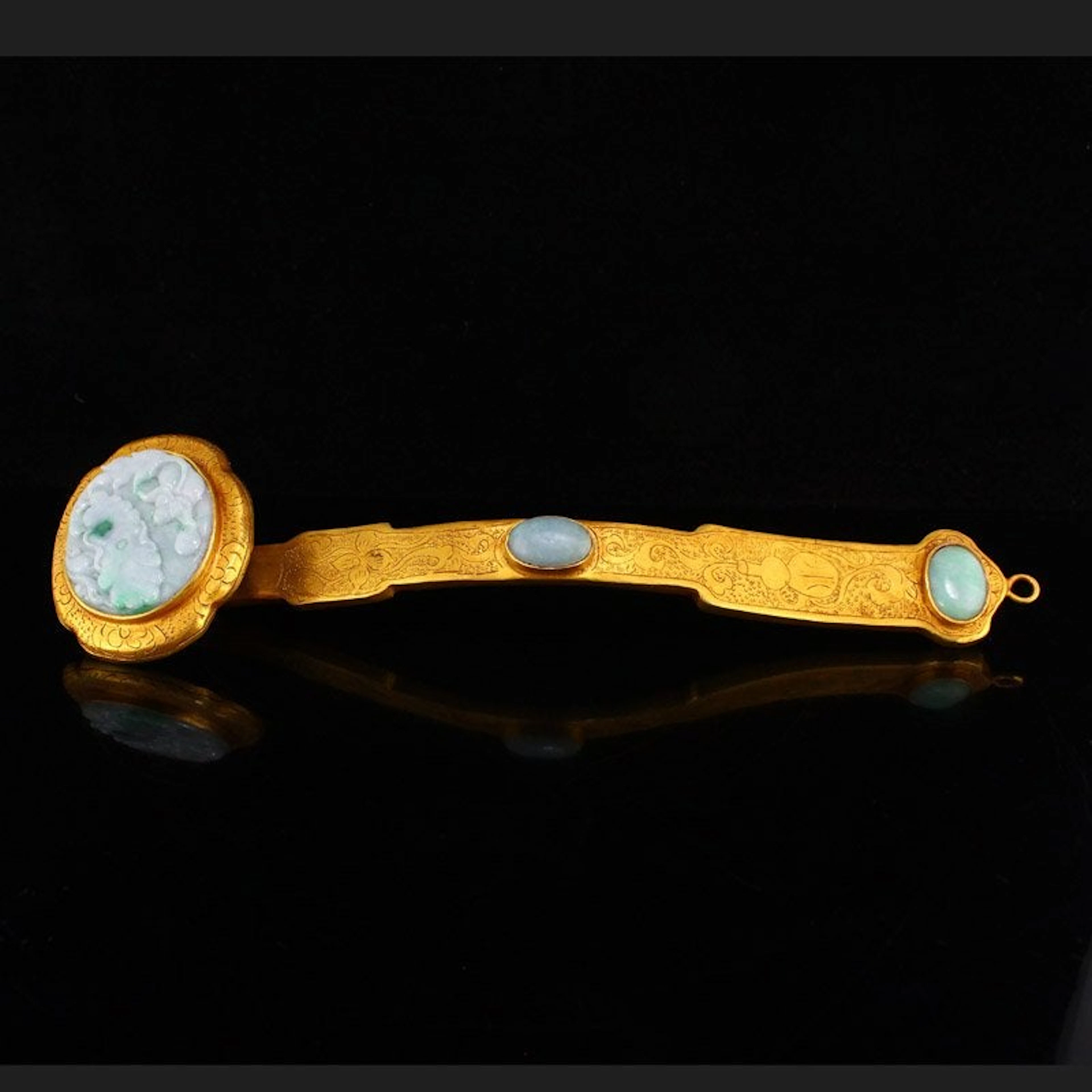Gilt Gold Red Copper Inlay Jadeite Ruyi Scepter