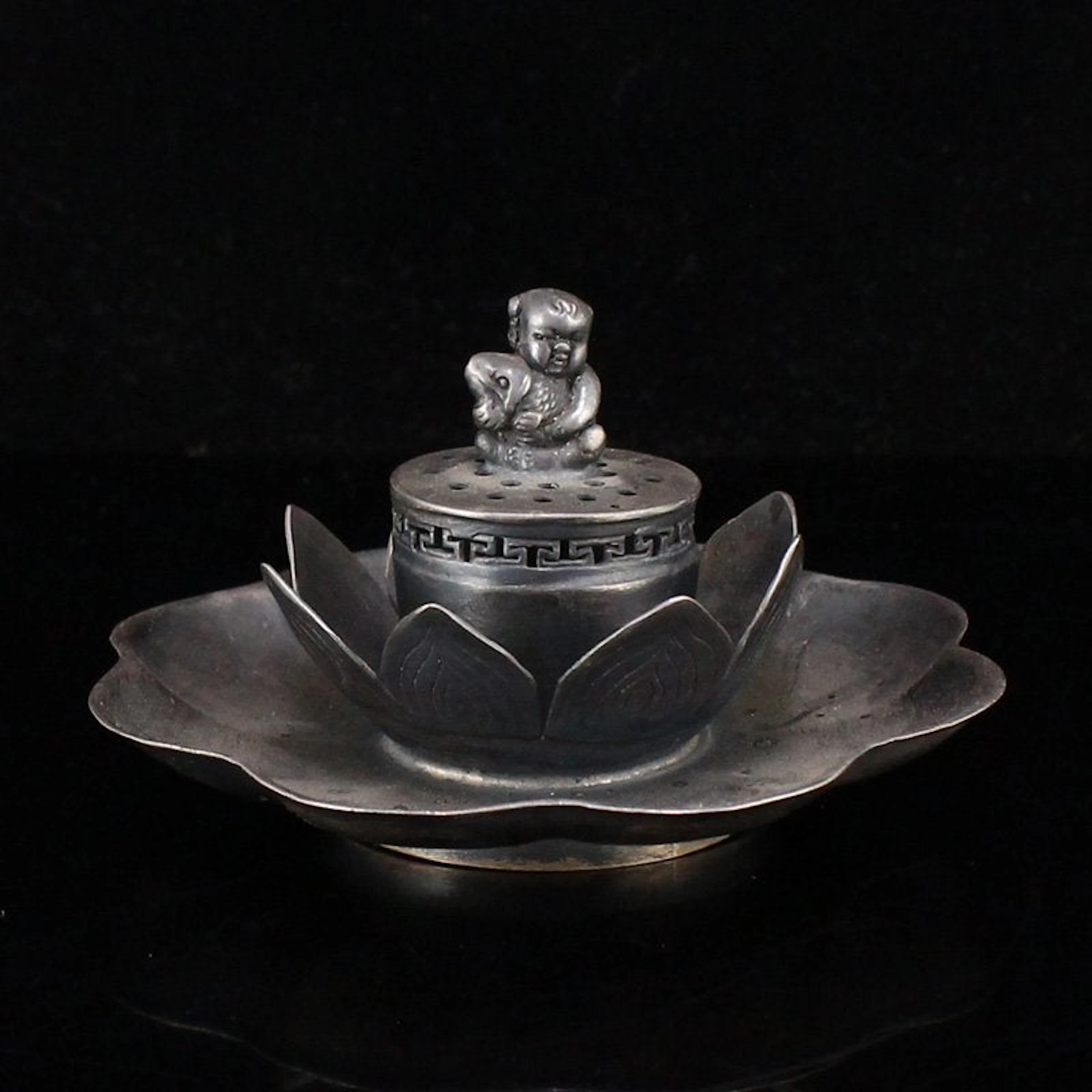 Qing Dy Pure Silver Kid & Lotus Flower Incense Burner