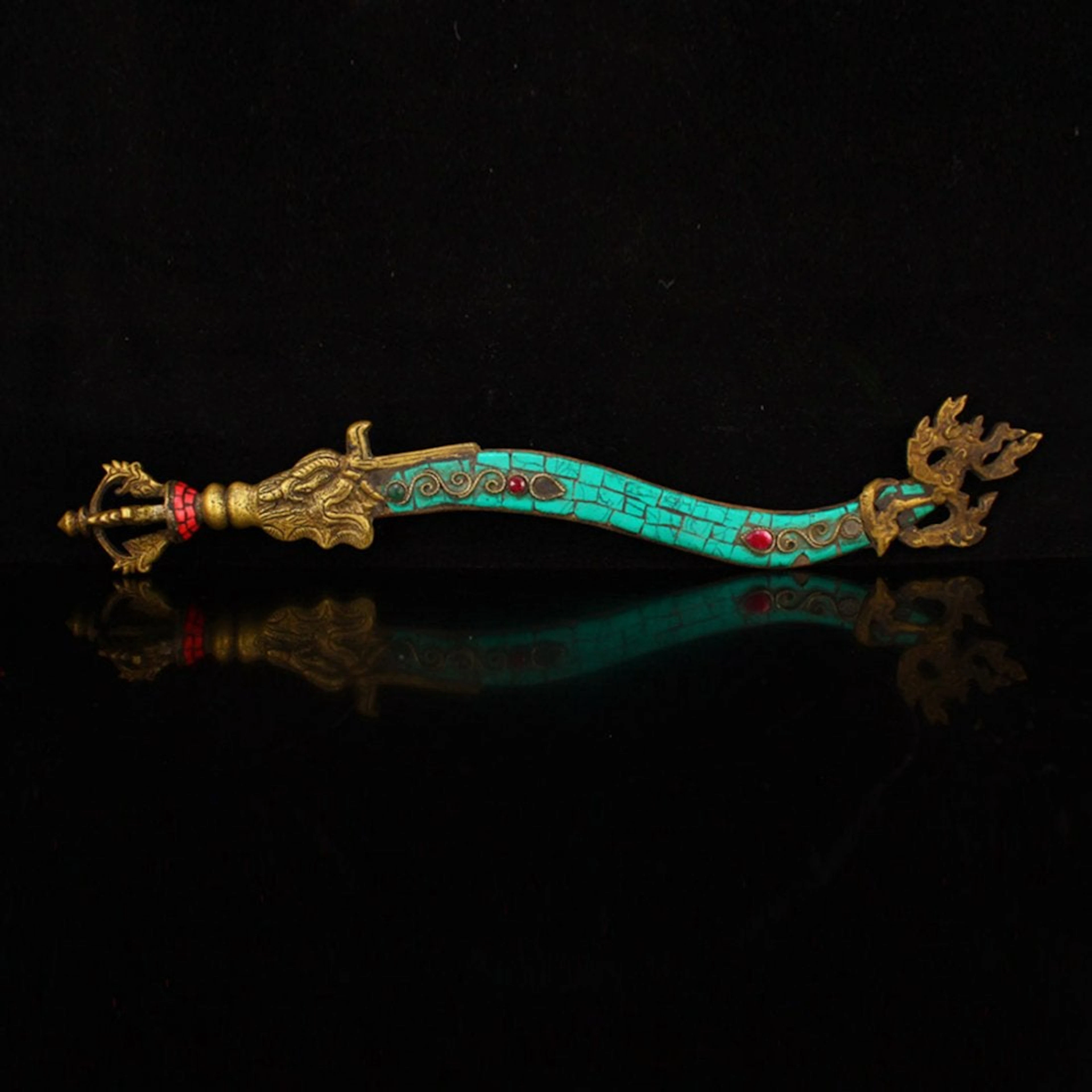 Tibetan Red Copper Inlay Turquoise Flame Knife