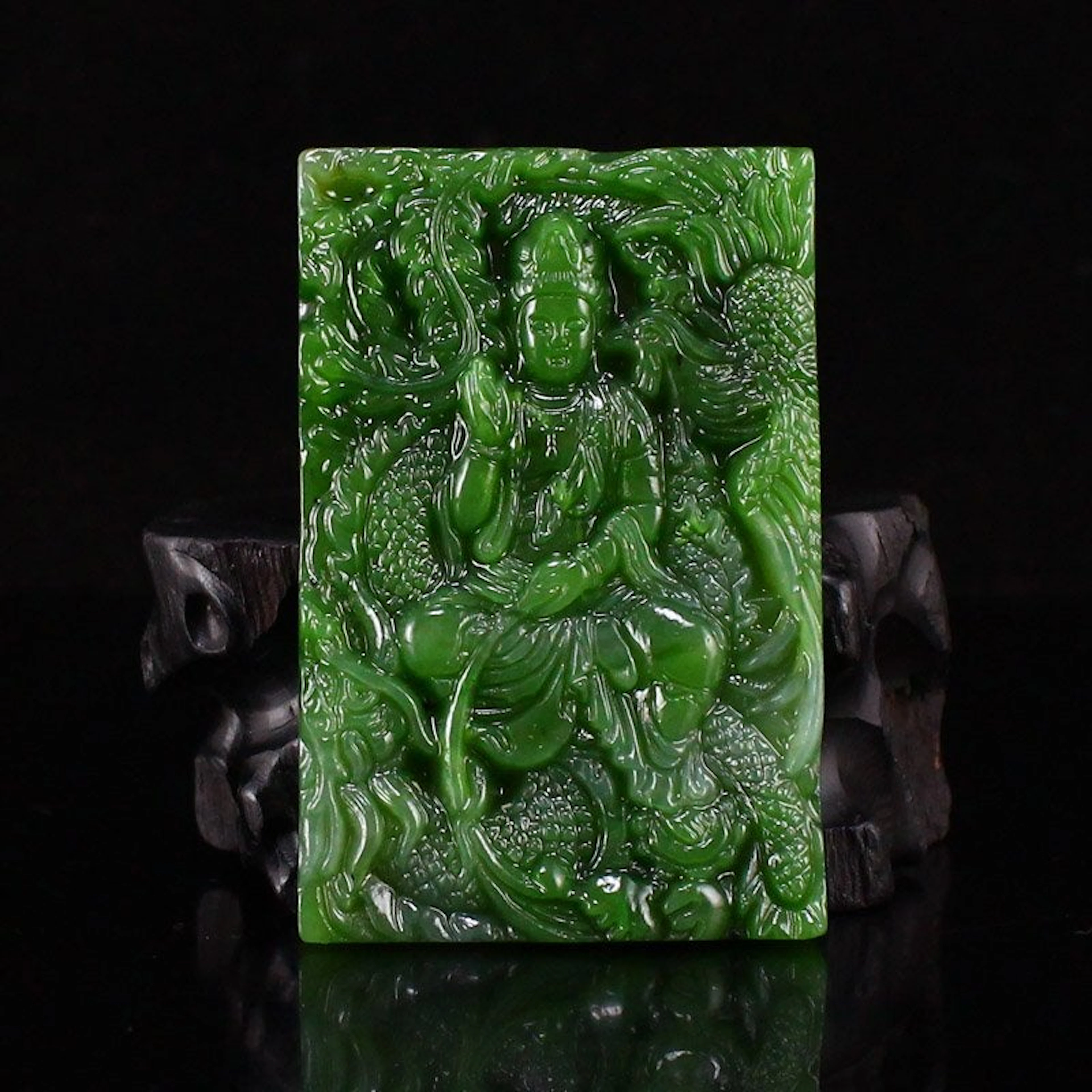 Green Hetian Jade Dragon Phoenix Kwan-yin Pendant