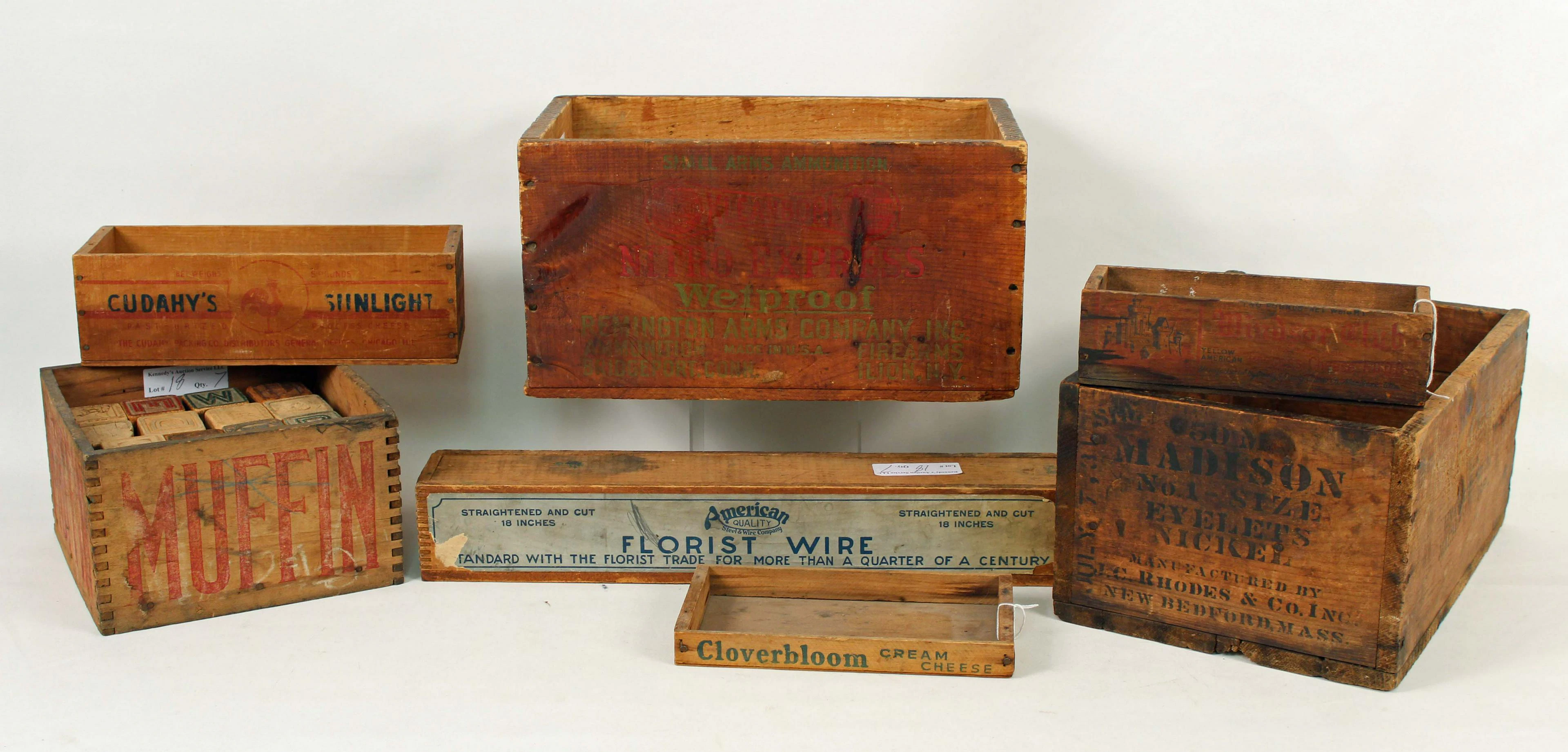 7 Stenciled Wooden Boxes w/ Remington Shell