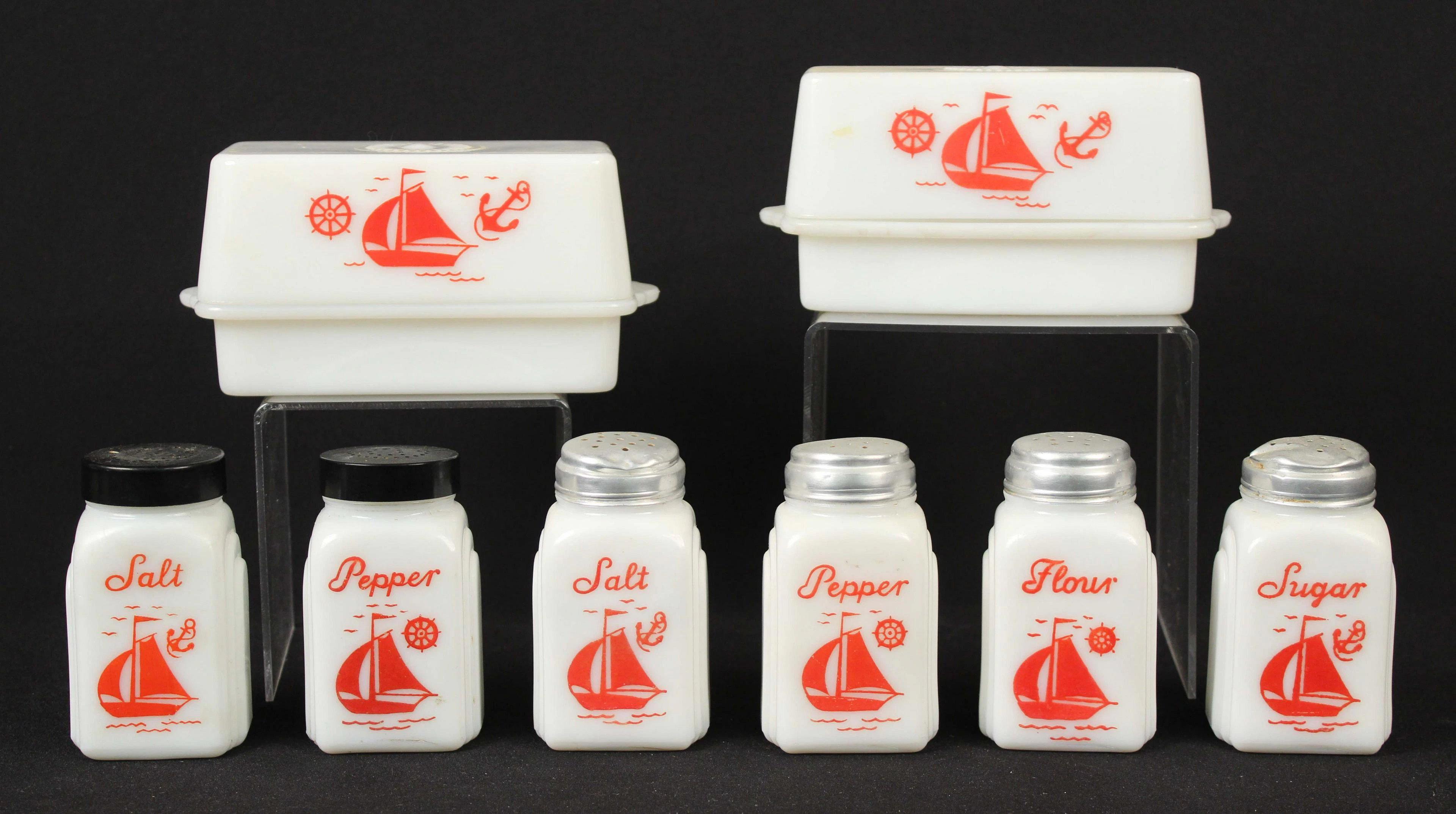 2 McKee Butter Dishes & Shakers w/ Red Ships